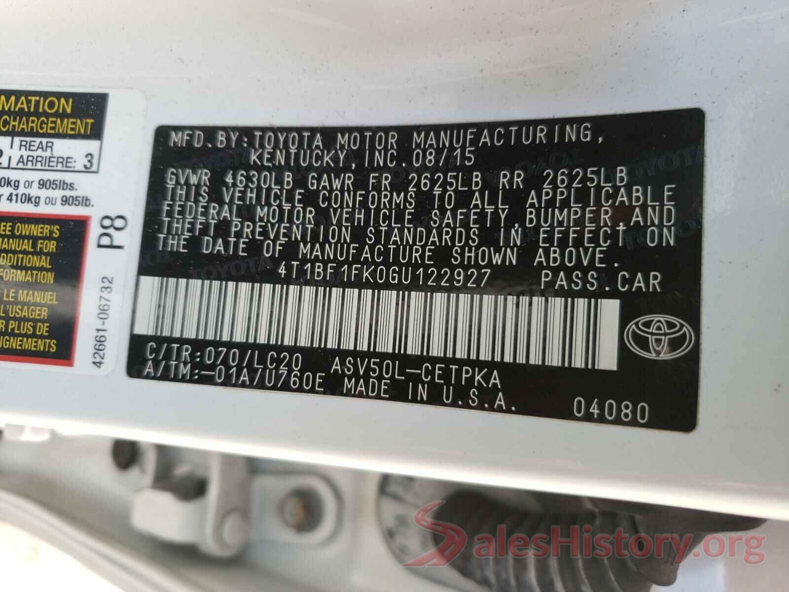 4T1BF1FK0GU122927 2016 TOYOTA CAMRY