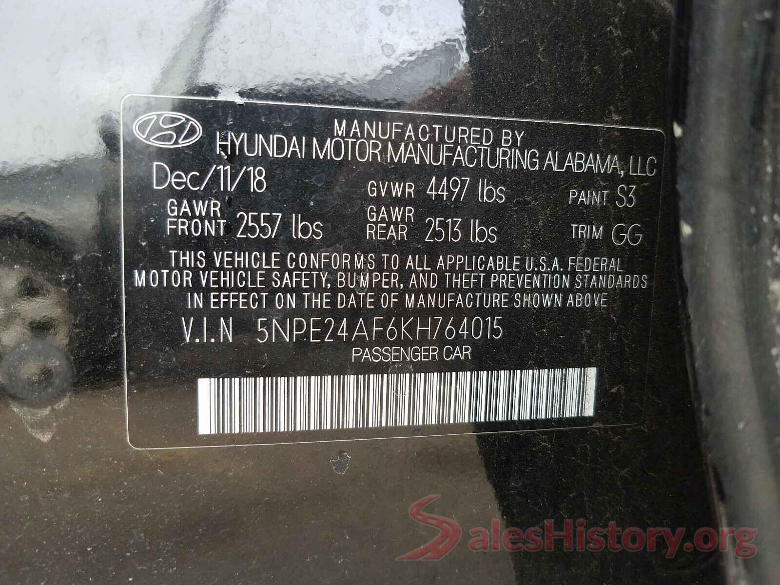 5NPE24AF6KH764015 2019 HYUNDAI SONATA