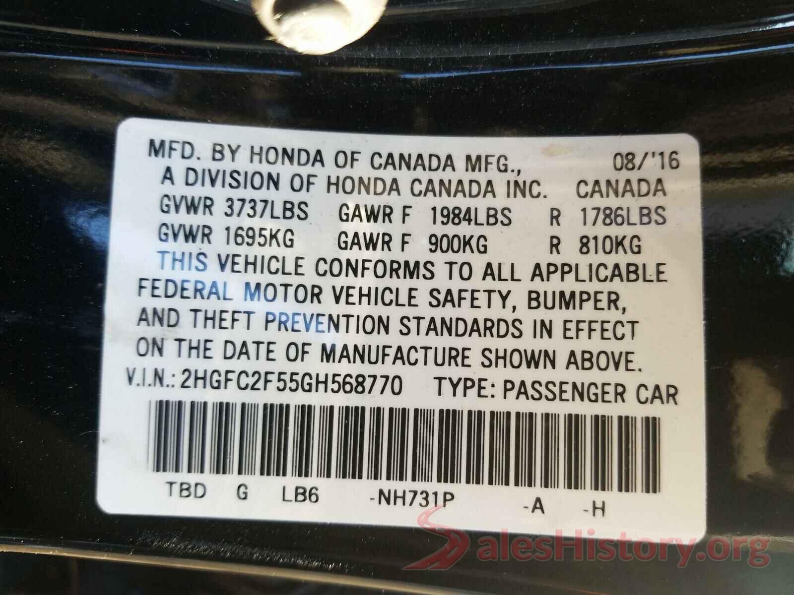 2HGFC2F55GH568770 2016 HONDA CIVIC