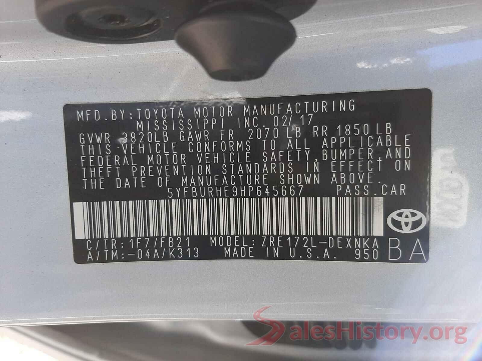 5YFBURHE9HP645667 2017 TOYOTA COROLLA