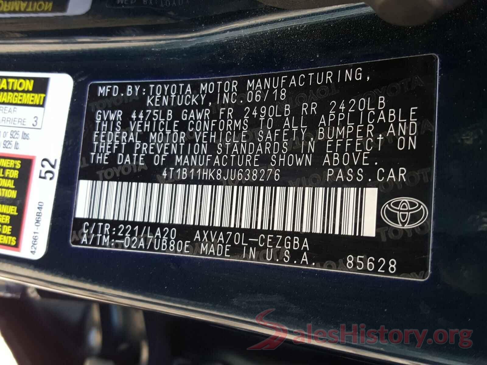 4T1B11HK8JU638276 2018 TOYOTA CAMRY