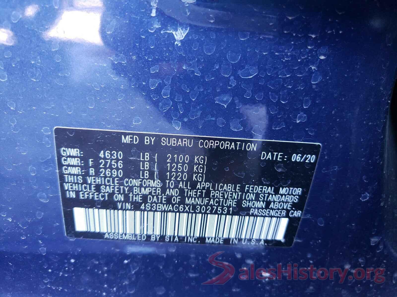 4S3BWAC6XL3027531 2020 SUBARU LEGACY