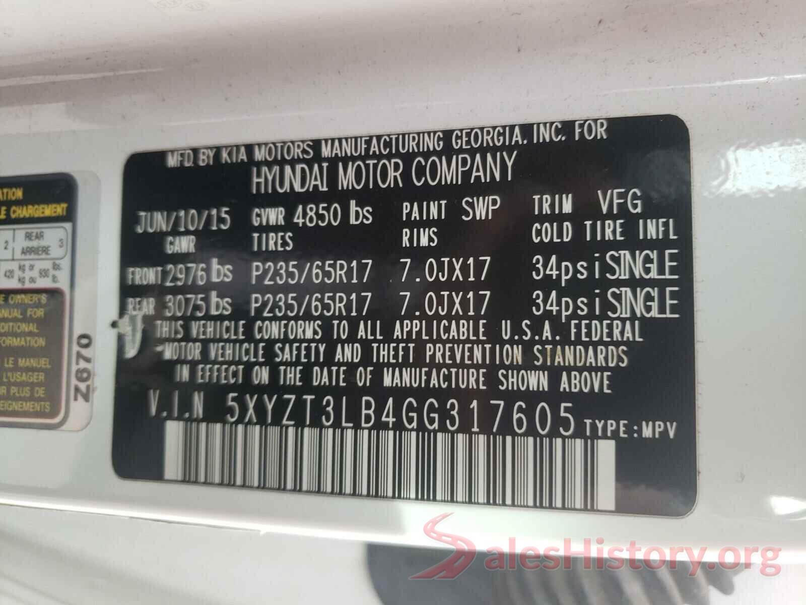 5XYZT3LB4GG317605 2016 HYUNDAI SANTA FE