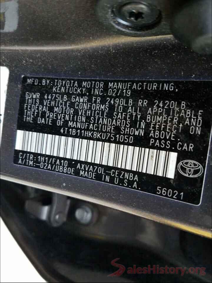 4T1B11HK8KU751050 2019 TOYOTA CAMRY