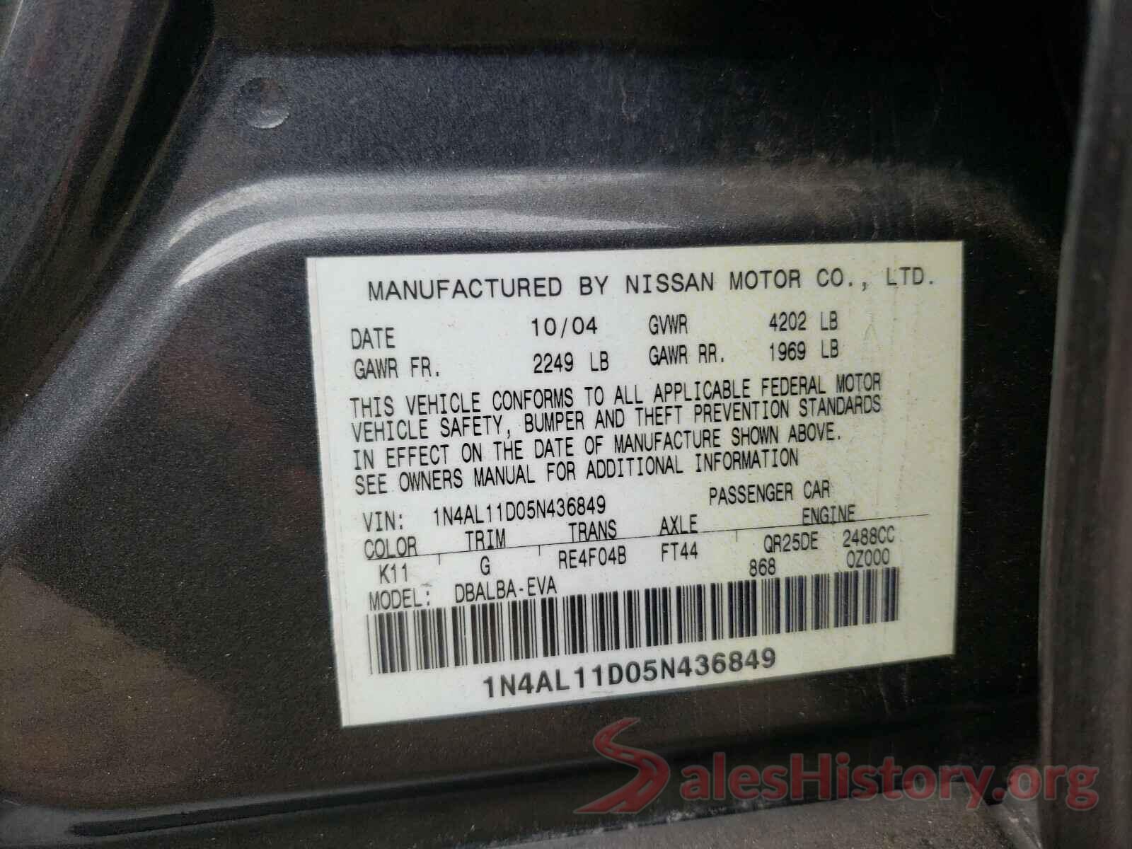 3N1CN7AP9GL874513 2005 NISSAN ALTIMA