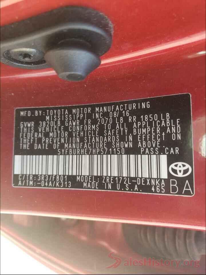 5YFBURHE7HP571150 2017 TOYOTA COROLLA