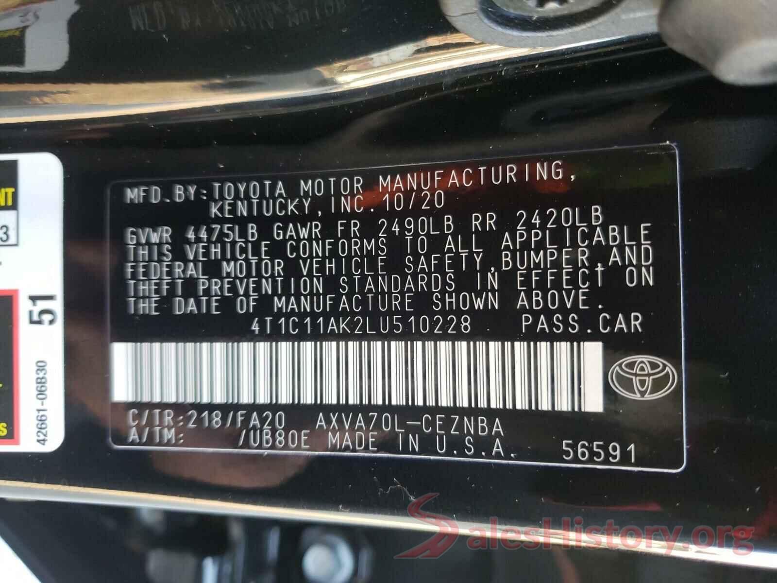 4T1C11AK2LU510228 2020 TOYOTA CAMRY