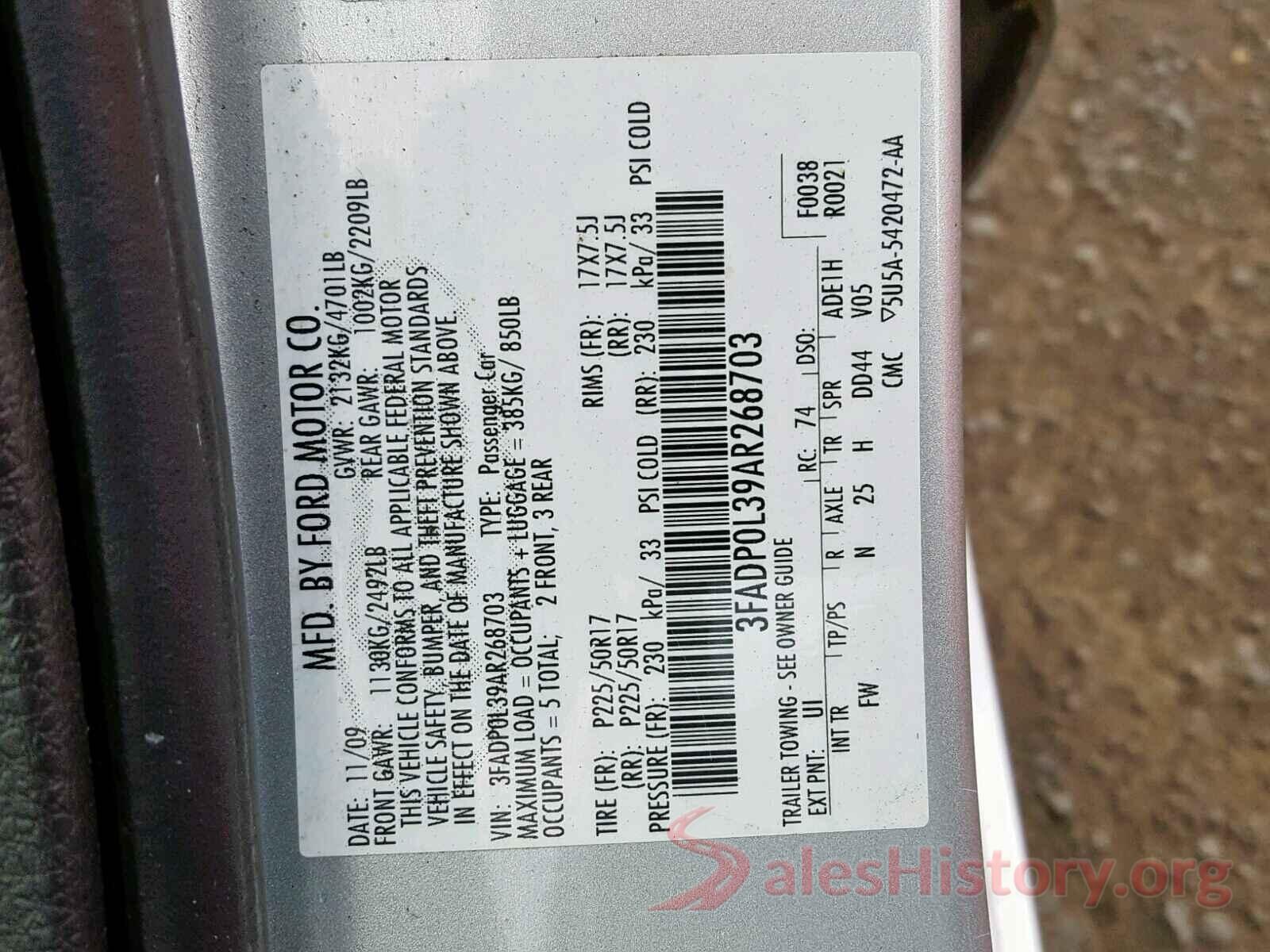 3FA6P0D94LR116956 2010 FORD FUSION