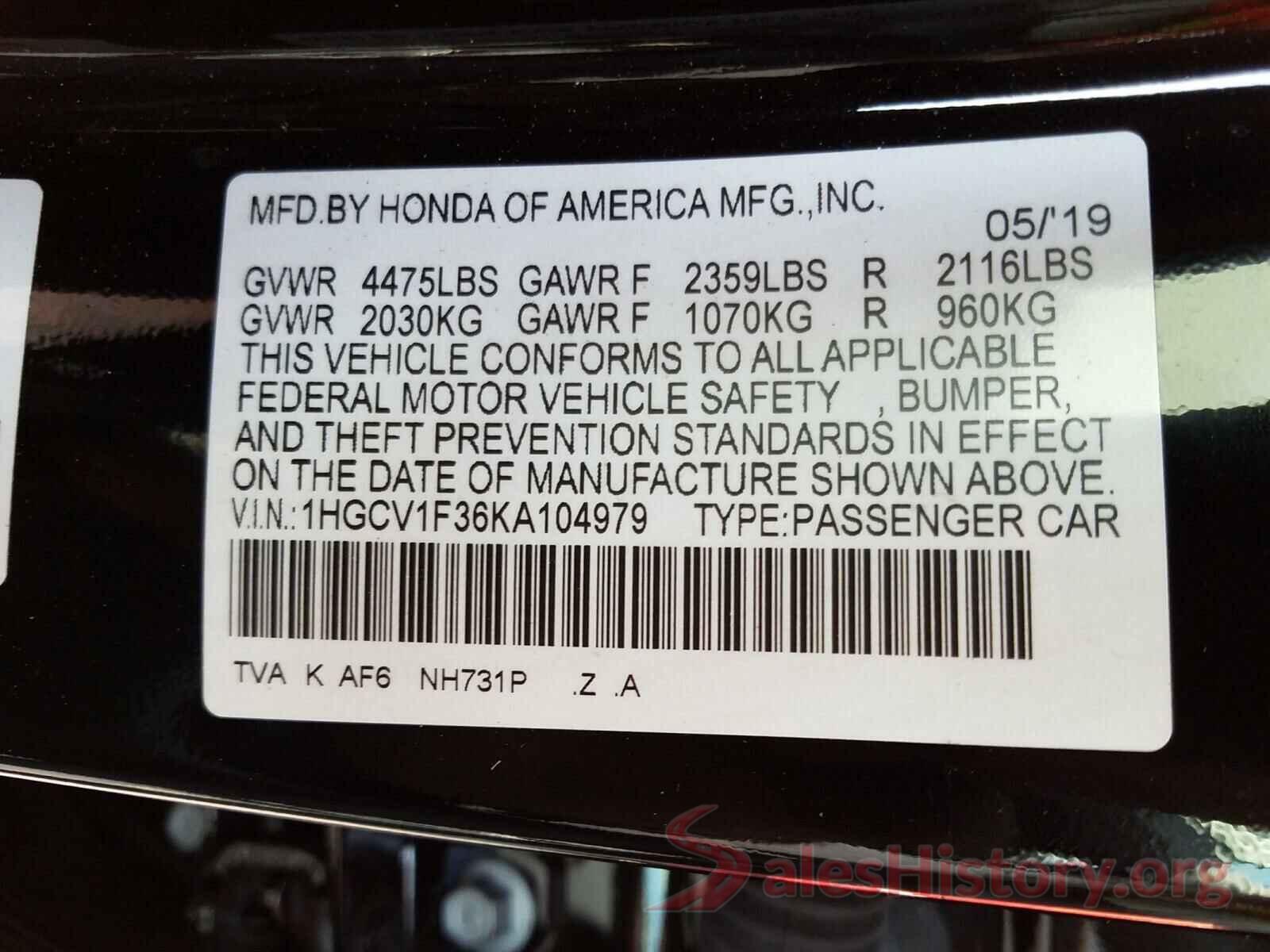 1HGCV1F36KA104979 2019 HONDA ACCORD