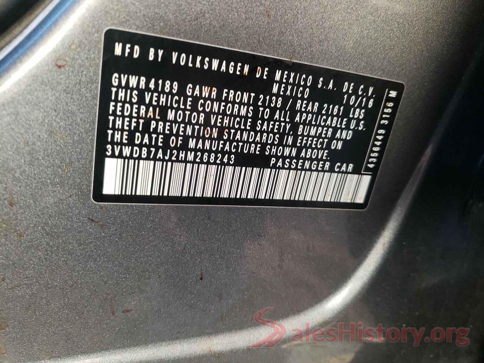 3VWDB7AJ2HM268243 2017 VOLKSWAGEN JETTA