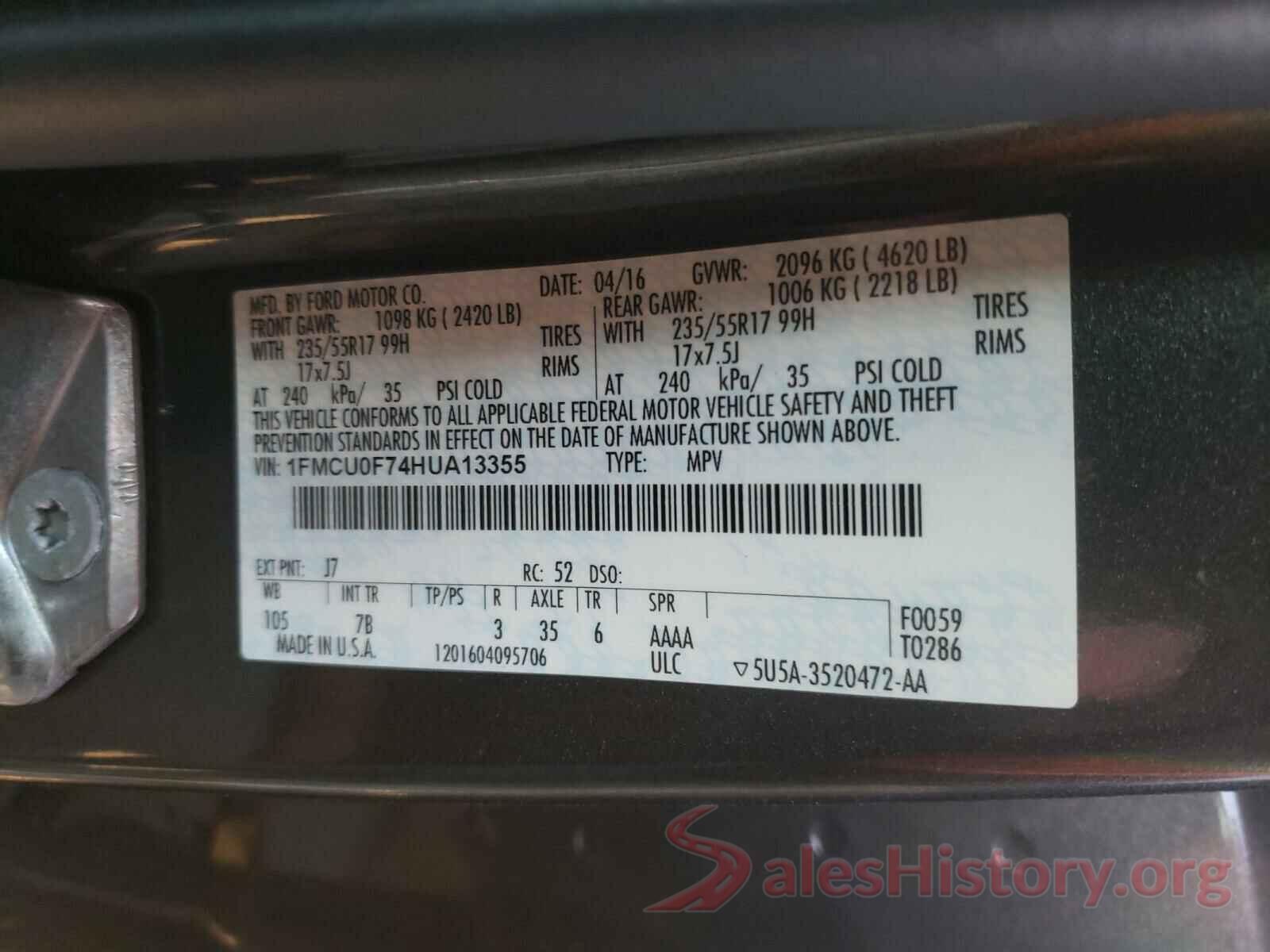 1FMCU0F74HUA13355 2017 FORD ESCAPE