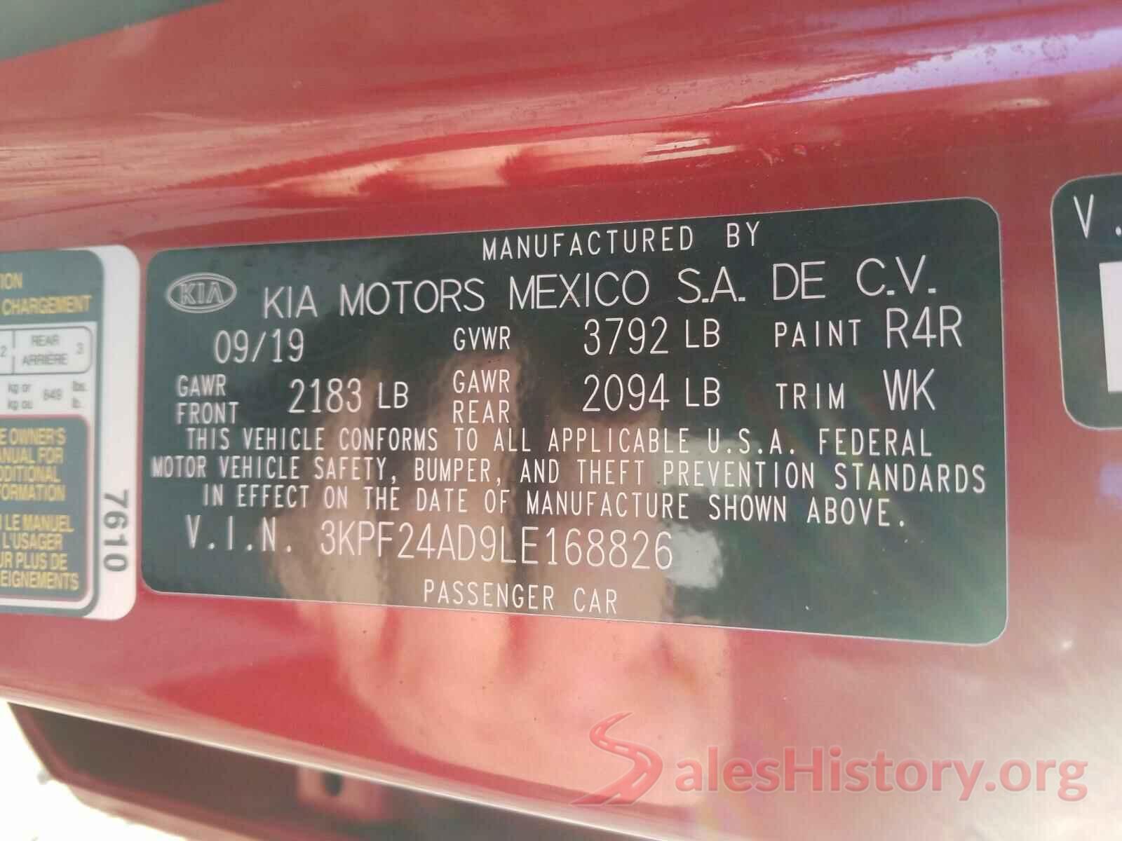 3KPF24AD9LE168826 2020 KIA FORTE