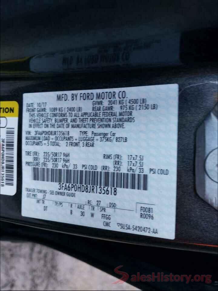 3FA6P0HD8JR135618 2018 FORD FUSION