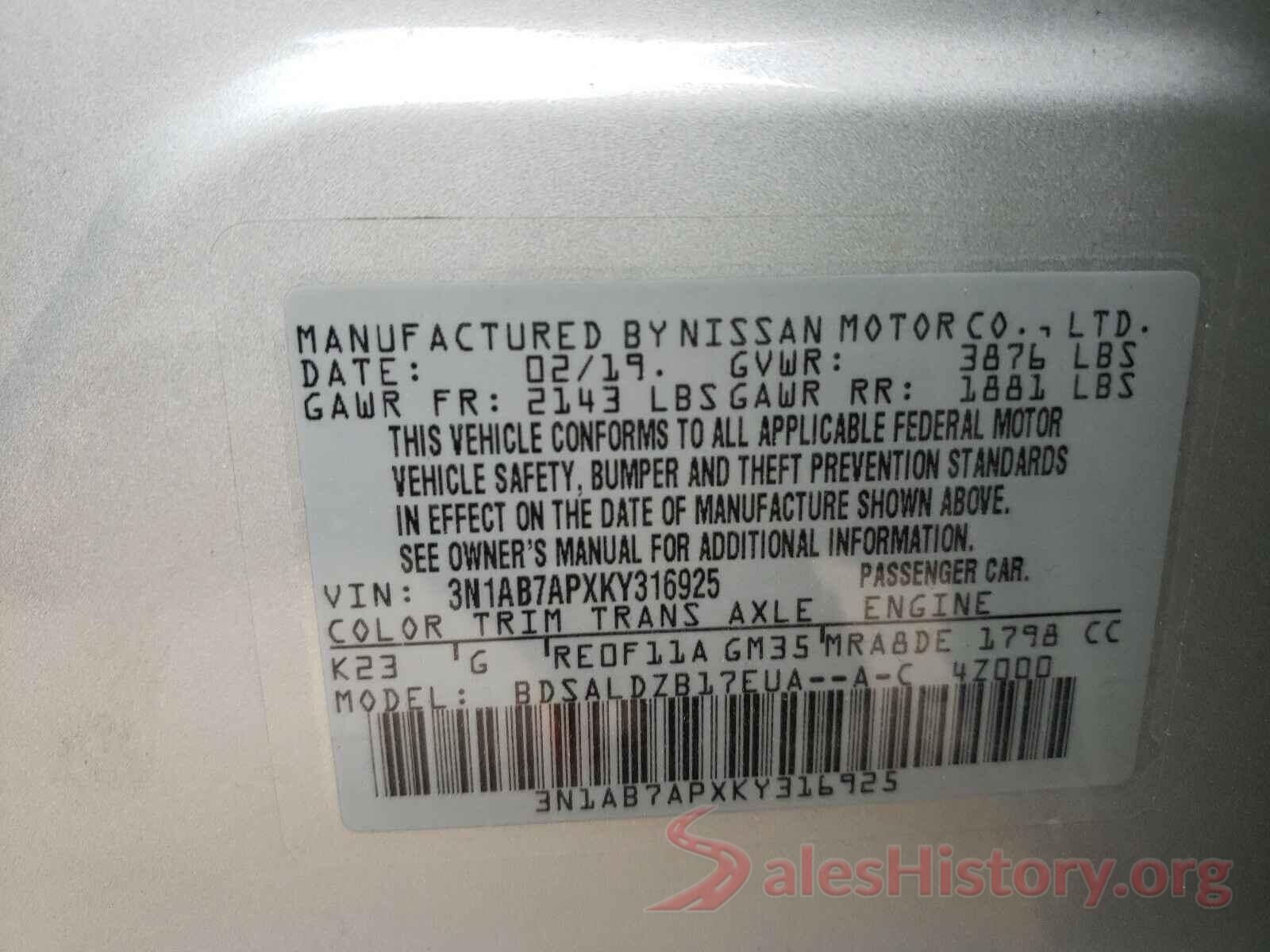 3N1AB7APXKY316925 2019 NISSAN SENTRA