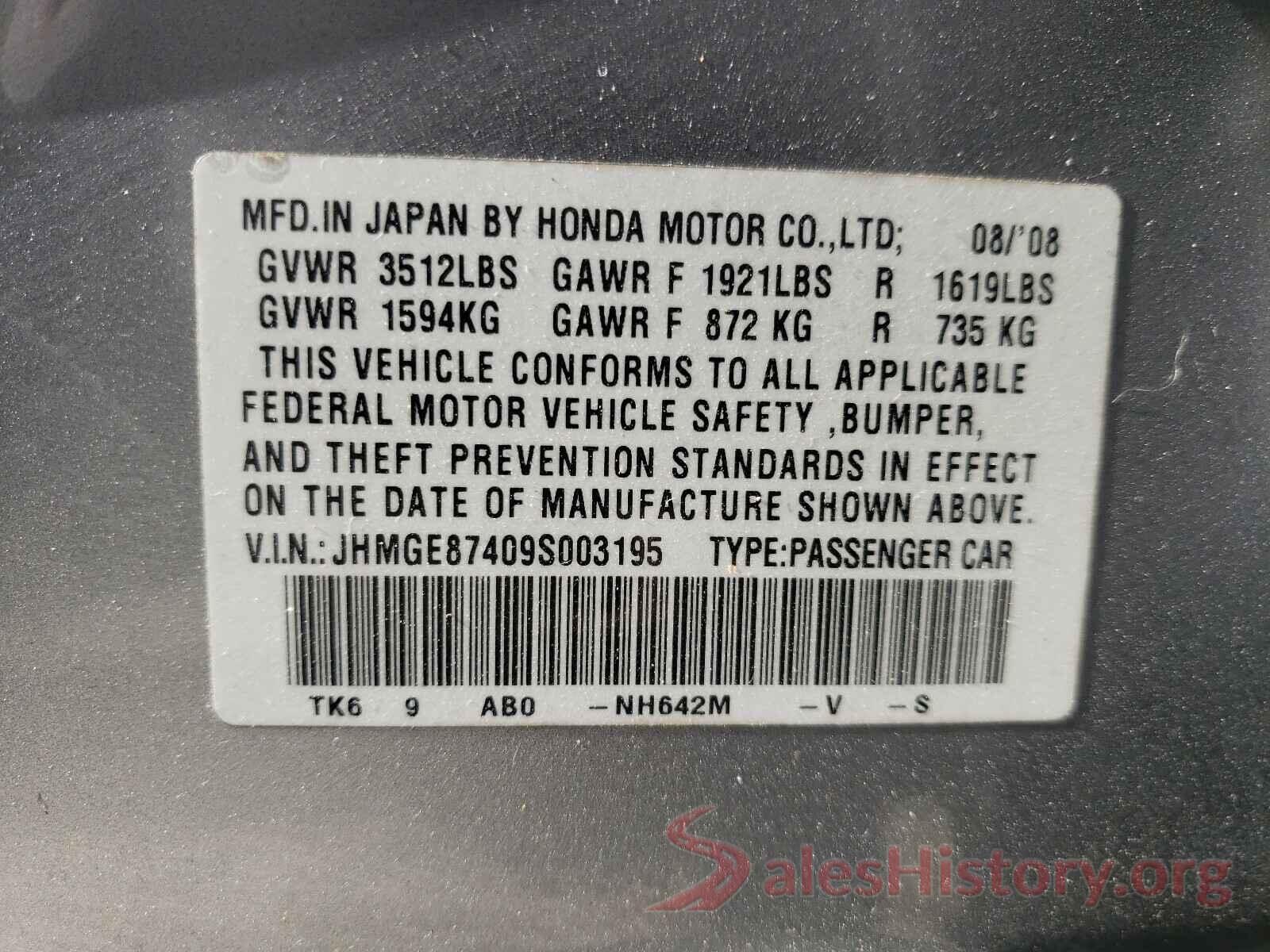 ZACCJAAB4HPF55183 2009 HONDA FIT