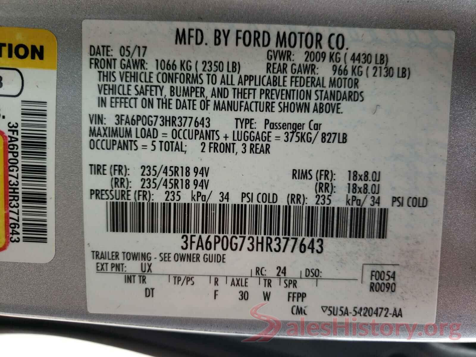 3FA6P0G73HR377643 2017 FORD FUSION