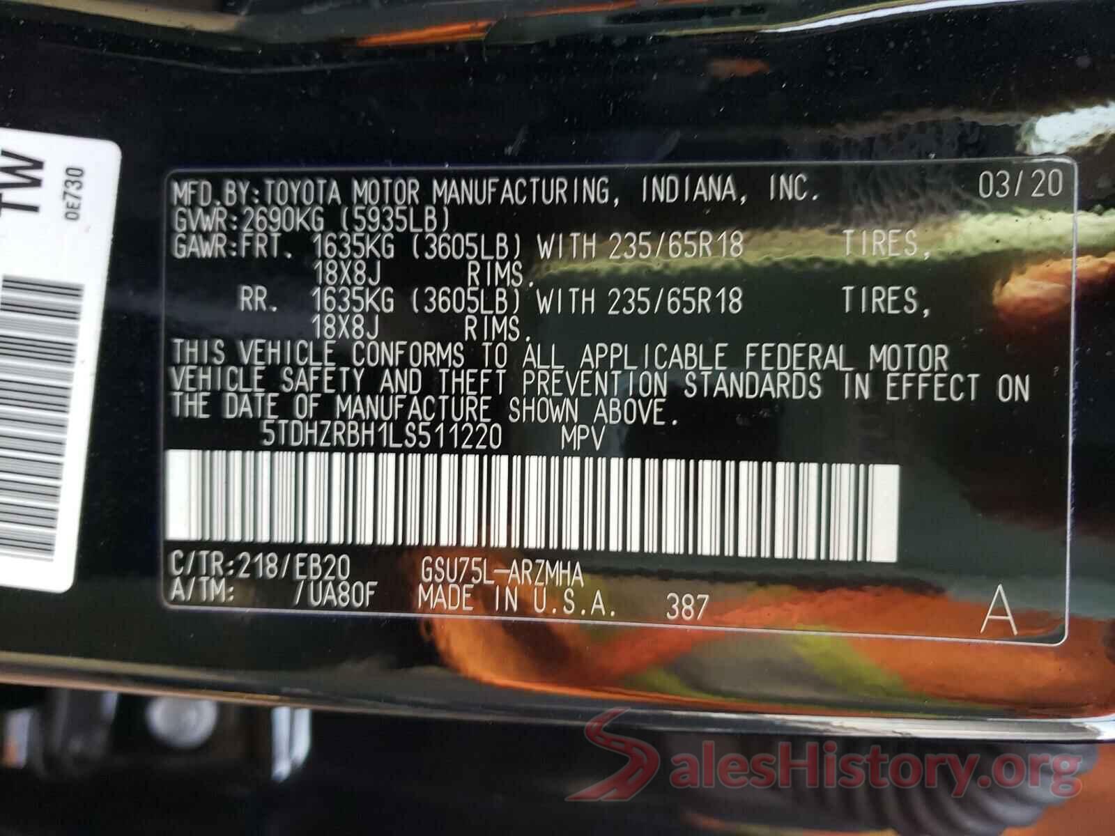 5TDHZRBH1LS511220 2020 TOYOTA HIGHLANDER