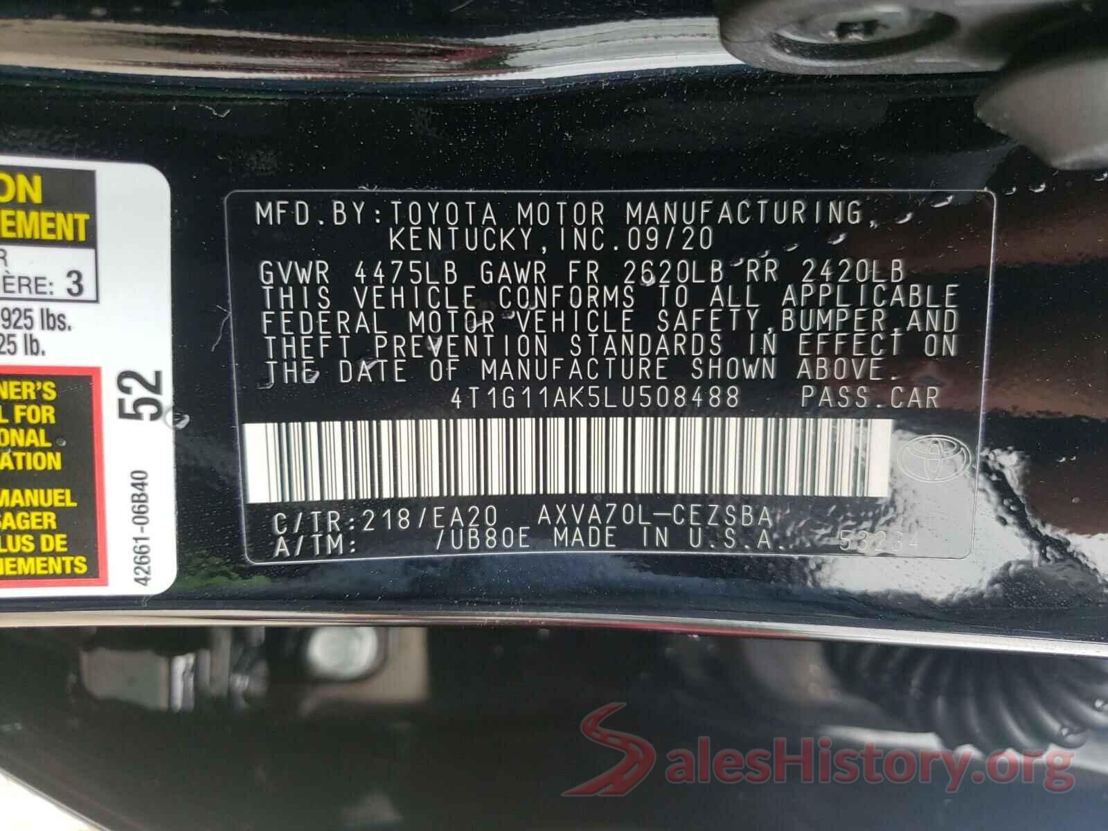 4T1G11AK5LU508488 2020 TOYOTA CAMRY