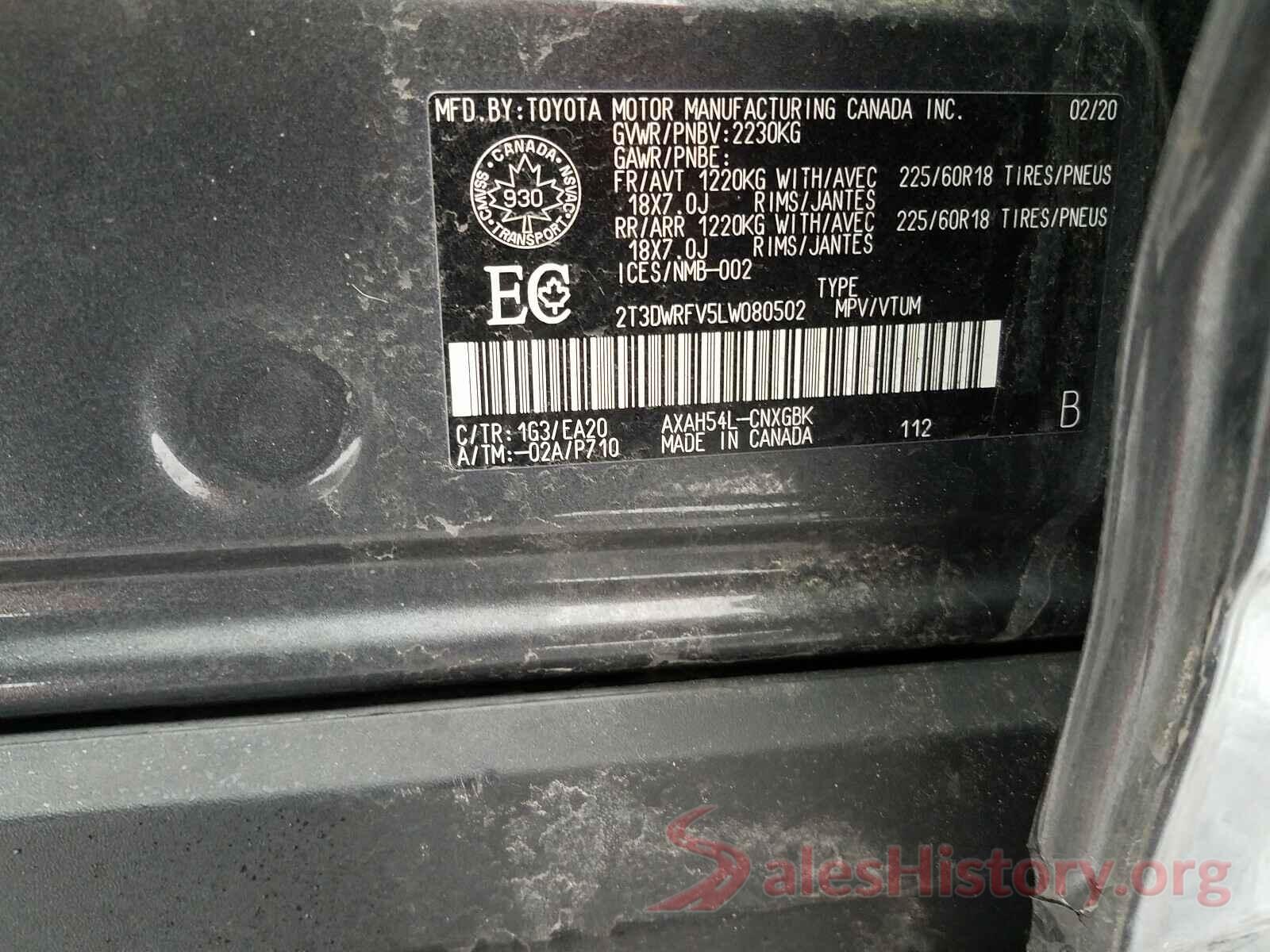 2T3DWRFV5LW080502 2020 TOYOTA RAV4