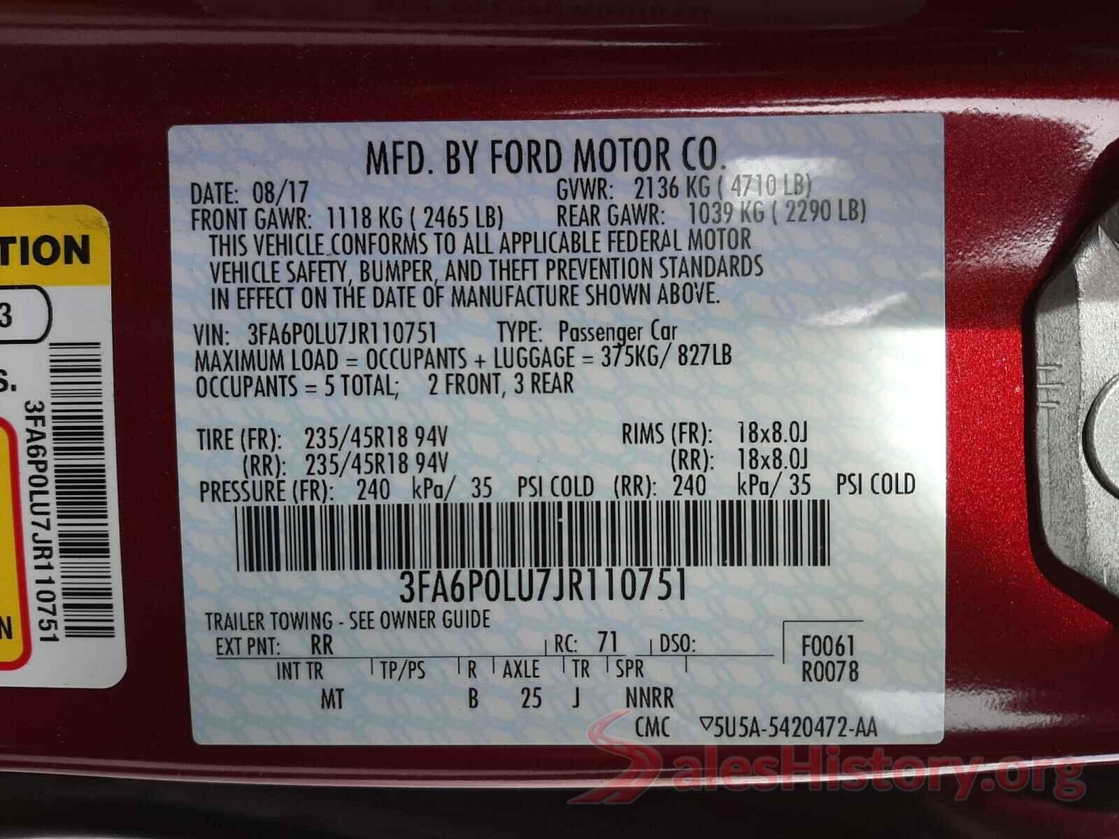 3FA6P0LU7JR110751 2018 FORD FUSION