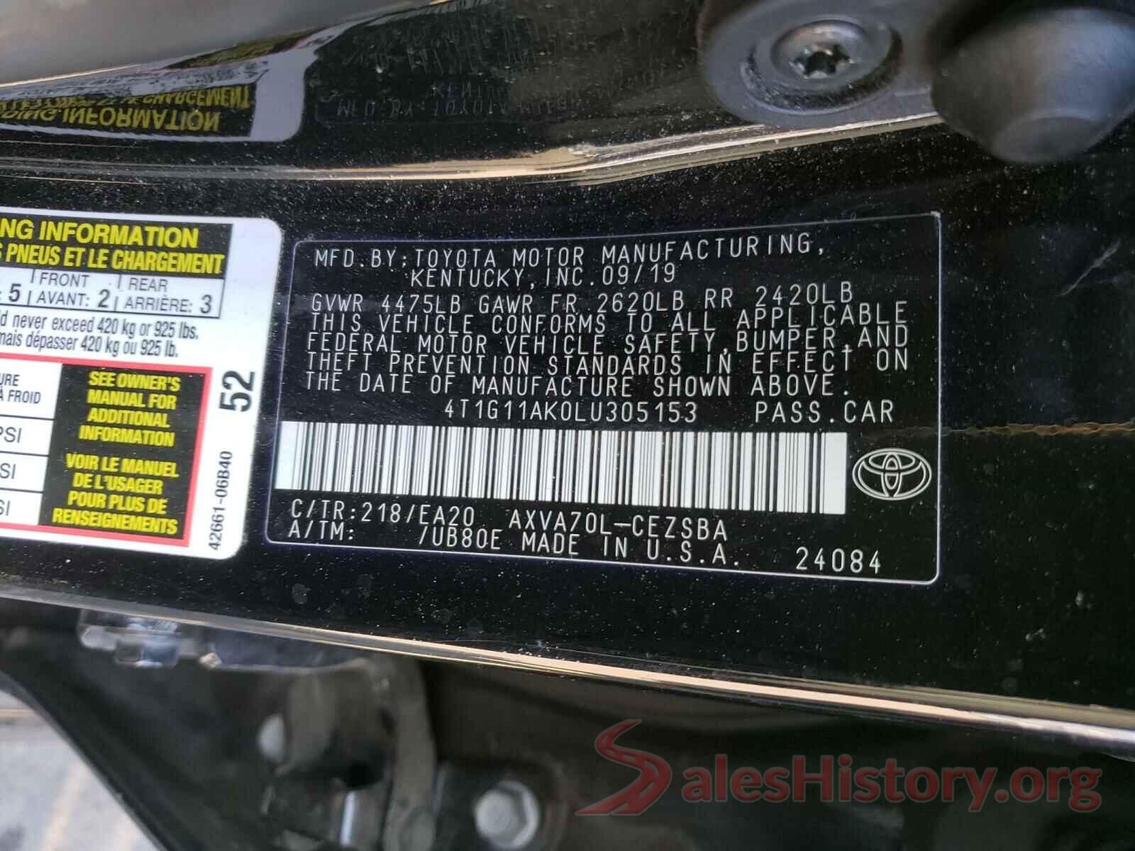 4T1G11AK0LU305153 2020 TOYOTA CAMRY