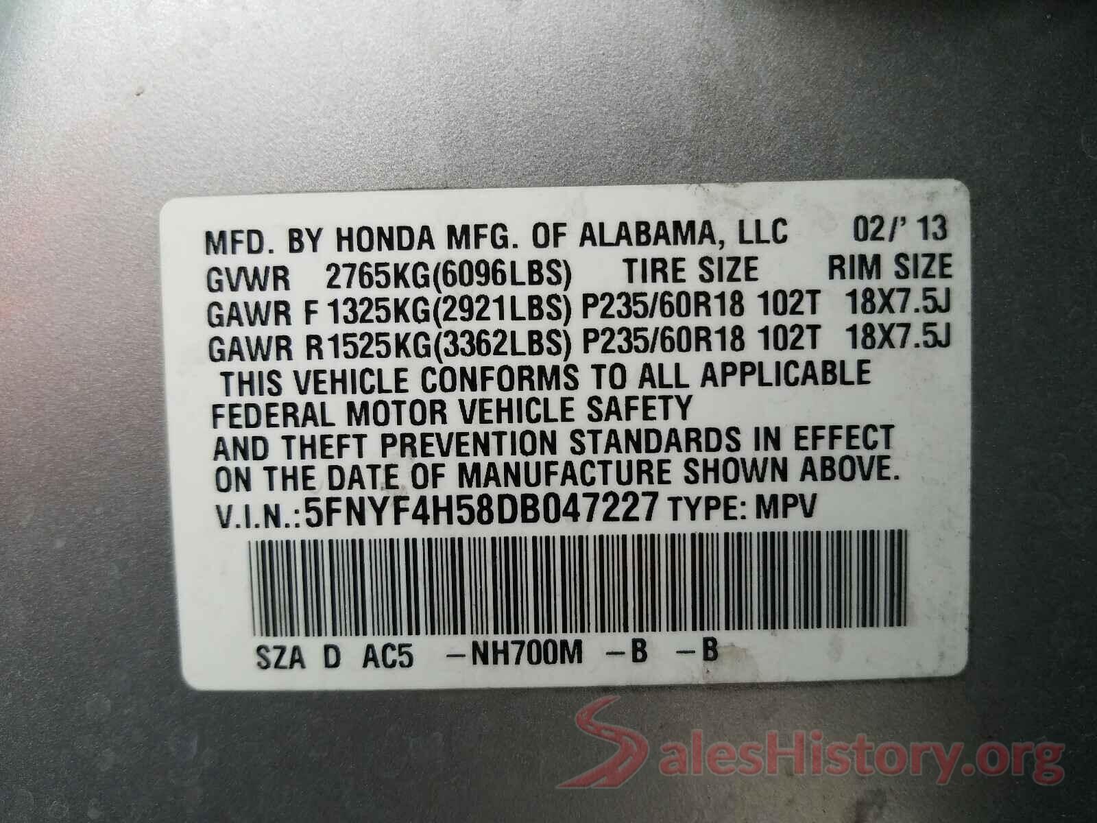 JTHSE5BC0G5006777 2013 HONDA PILOT