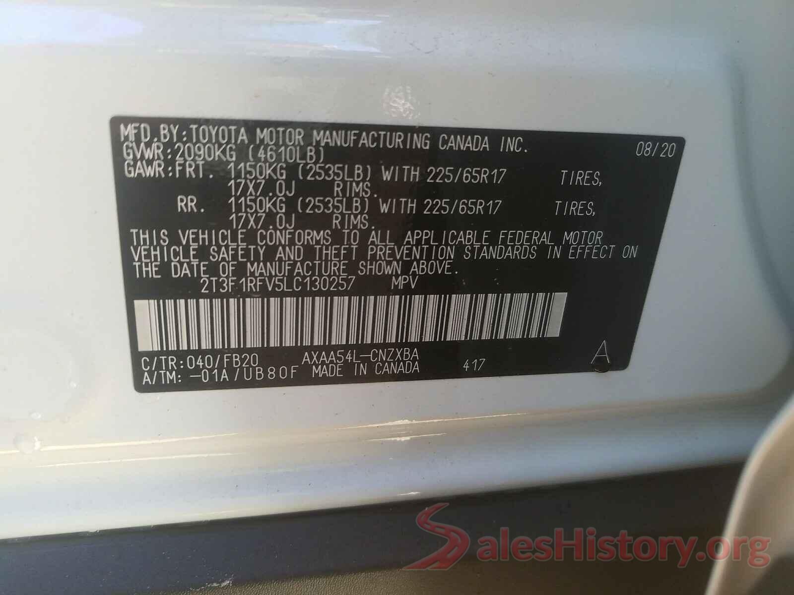 2T3F1RFV5LC130257 2020 TOYOTA RAV4