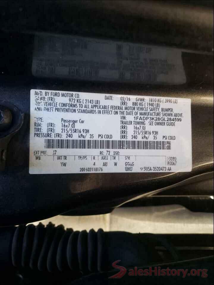 1FADP3K28GL284599 2016 FORD FOCUS