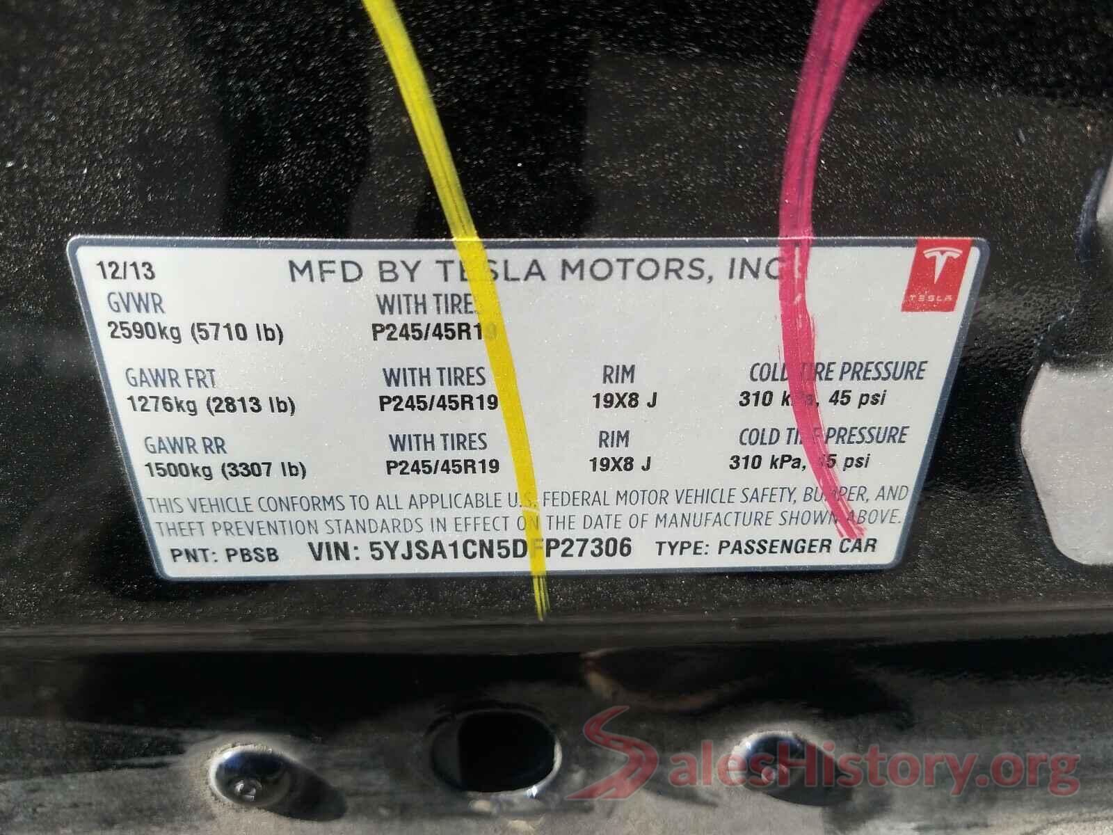 5YJSA1CN5DFP27306 2013 TESLA MODEL S