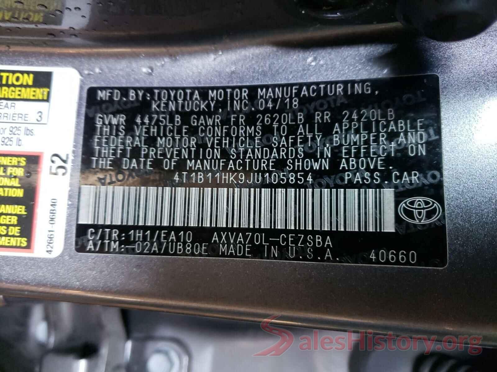 4T1B11HK9JU105854 2018 TOYOTA CAMRY