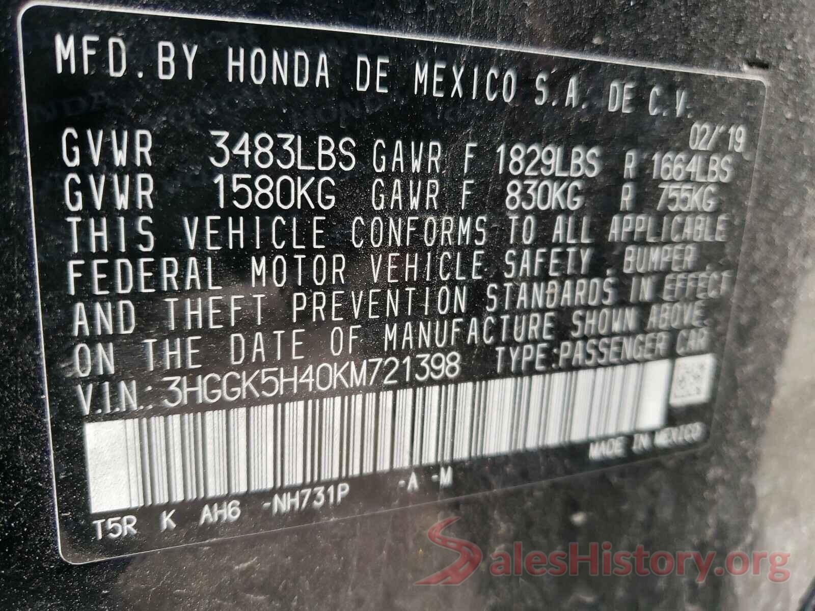 3HGGK5H40KM721398 2019 HONDA FIT