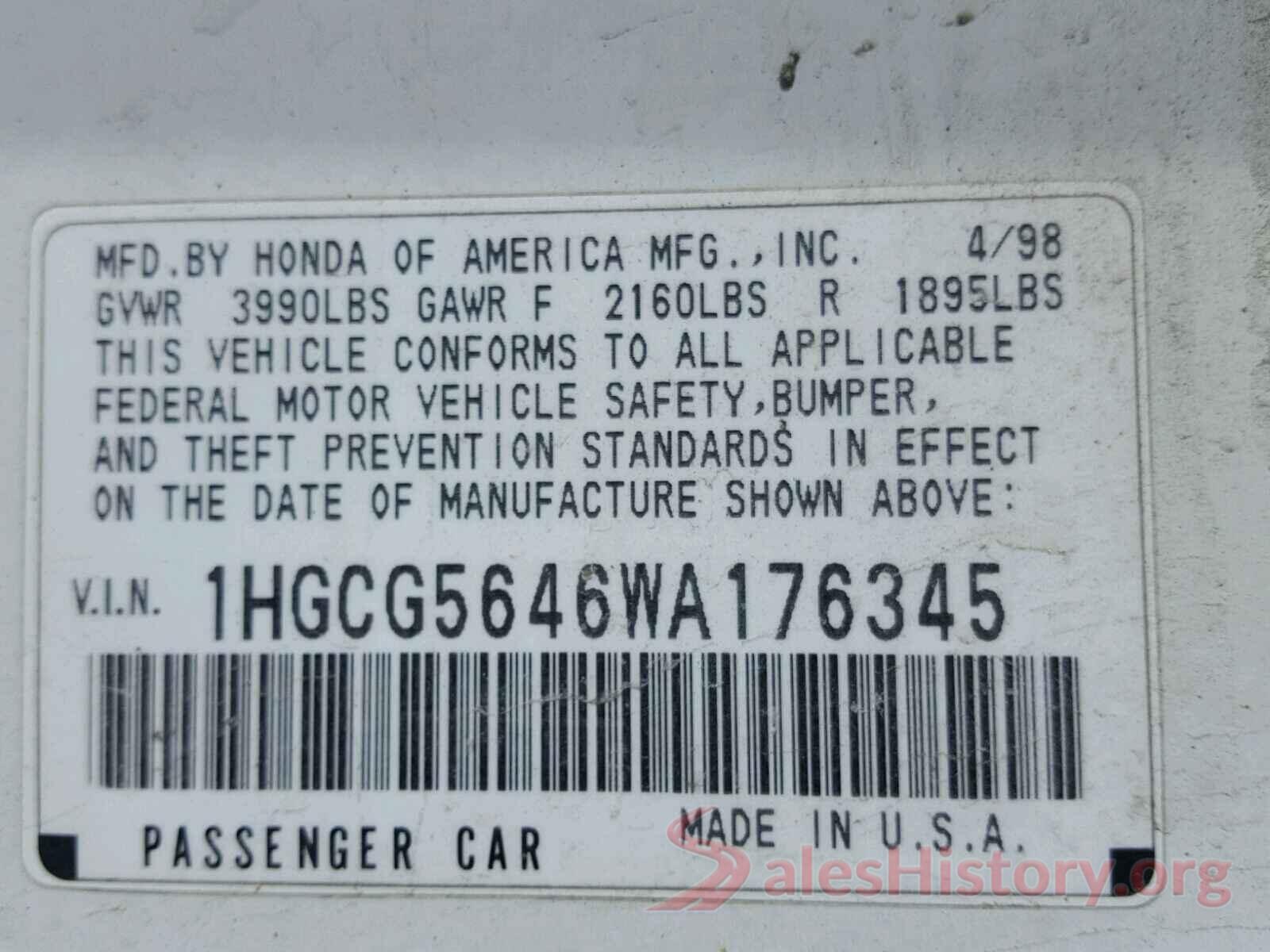 5XXGT4L39GG104224 1998 HONDA ACCORD