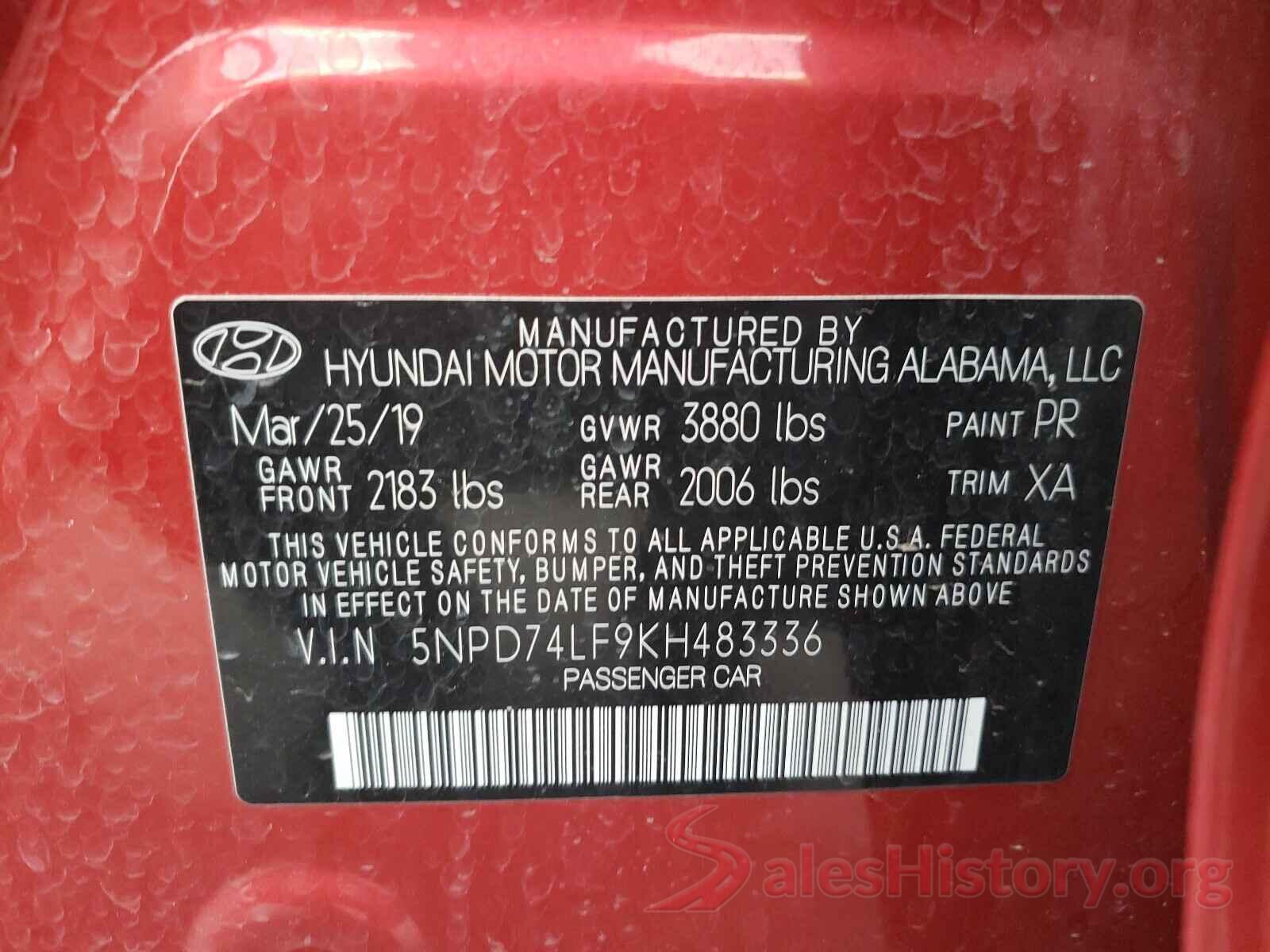 5NPD74LF9KH483336 2019 HYUNDAI ELANTRA