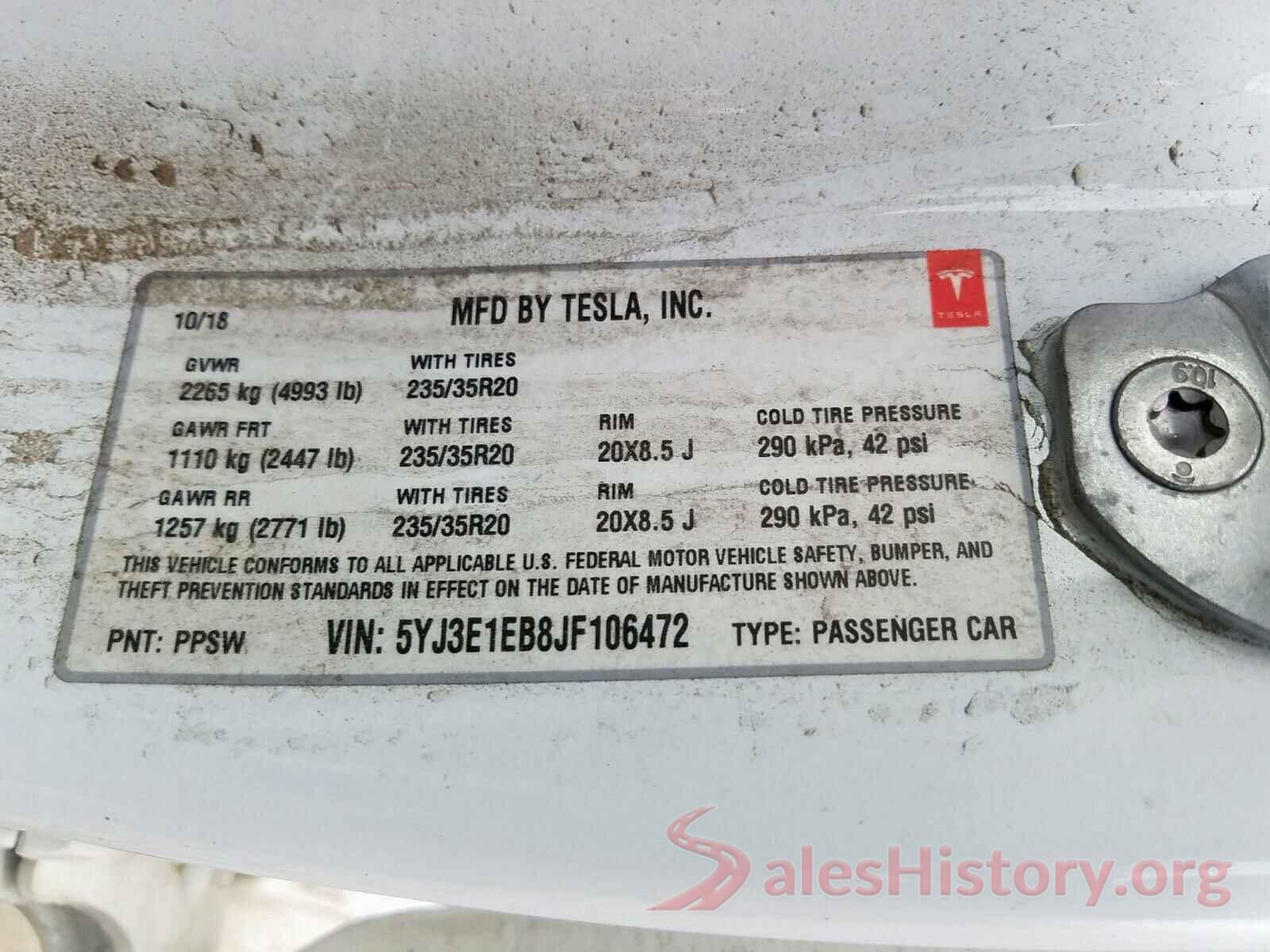 5YJ3E1EB8JF106472 2018 TESLA MODEL 3