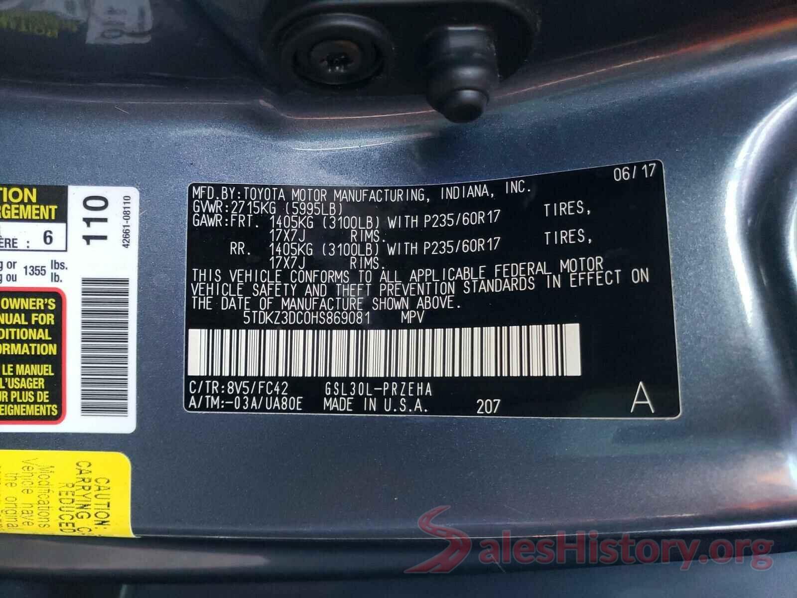 5TDKZ3DC0HS869081 2017 TOYOTA SIENNA