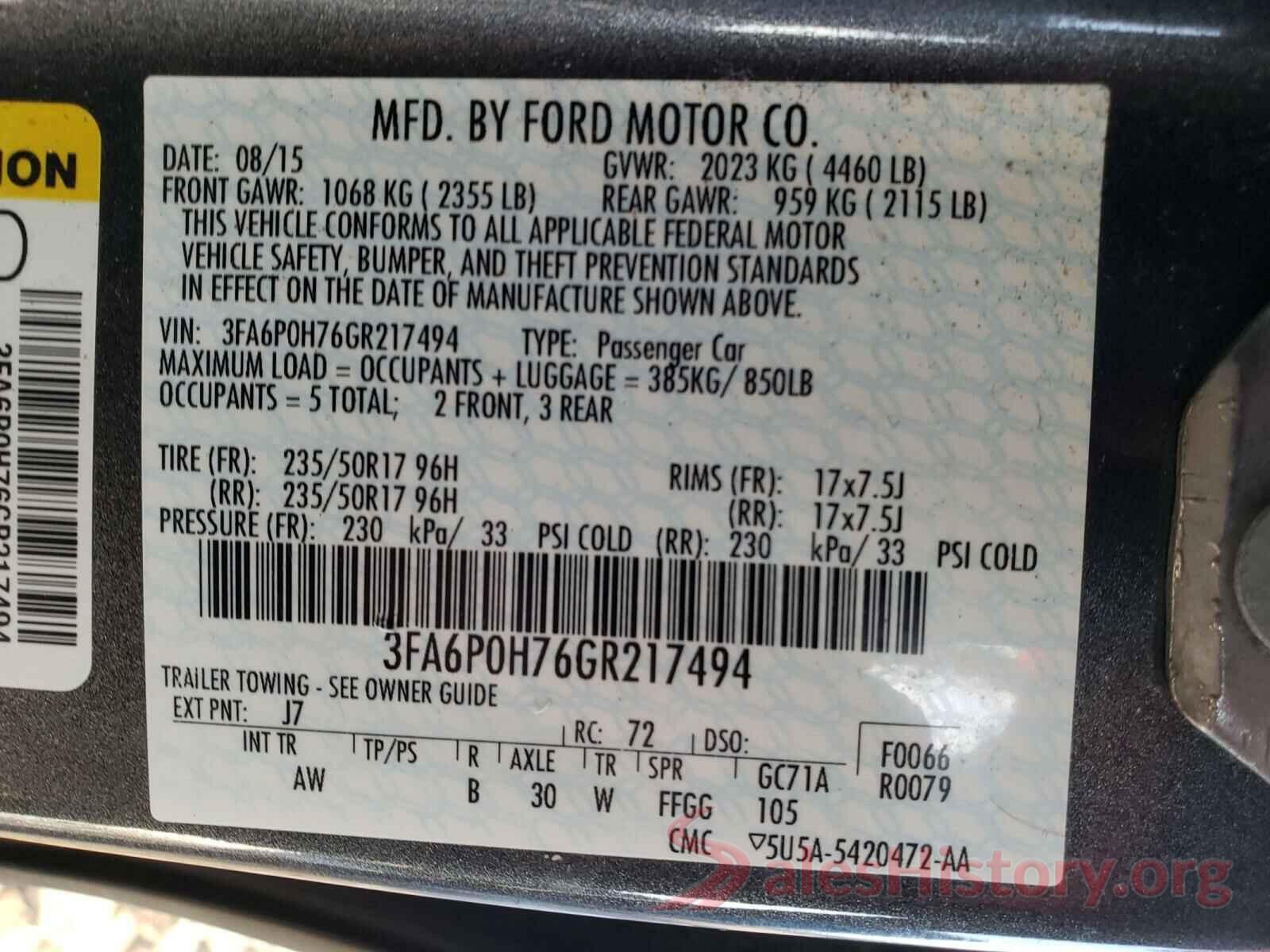 3FA6P0H76GR217494 2016 FORD FUSION