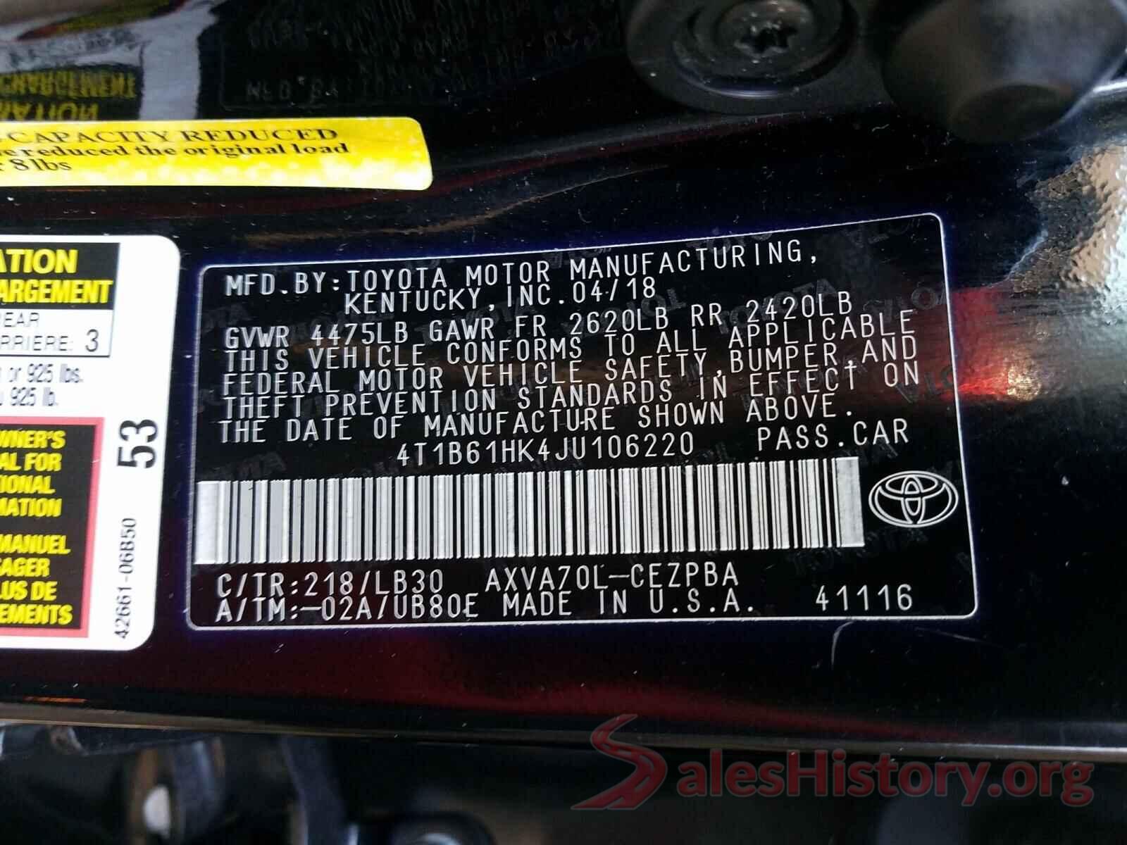 4T1B61HK4JU106220 2018 TOYOTA CAMRY