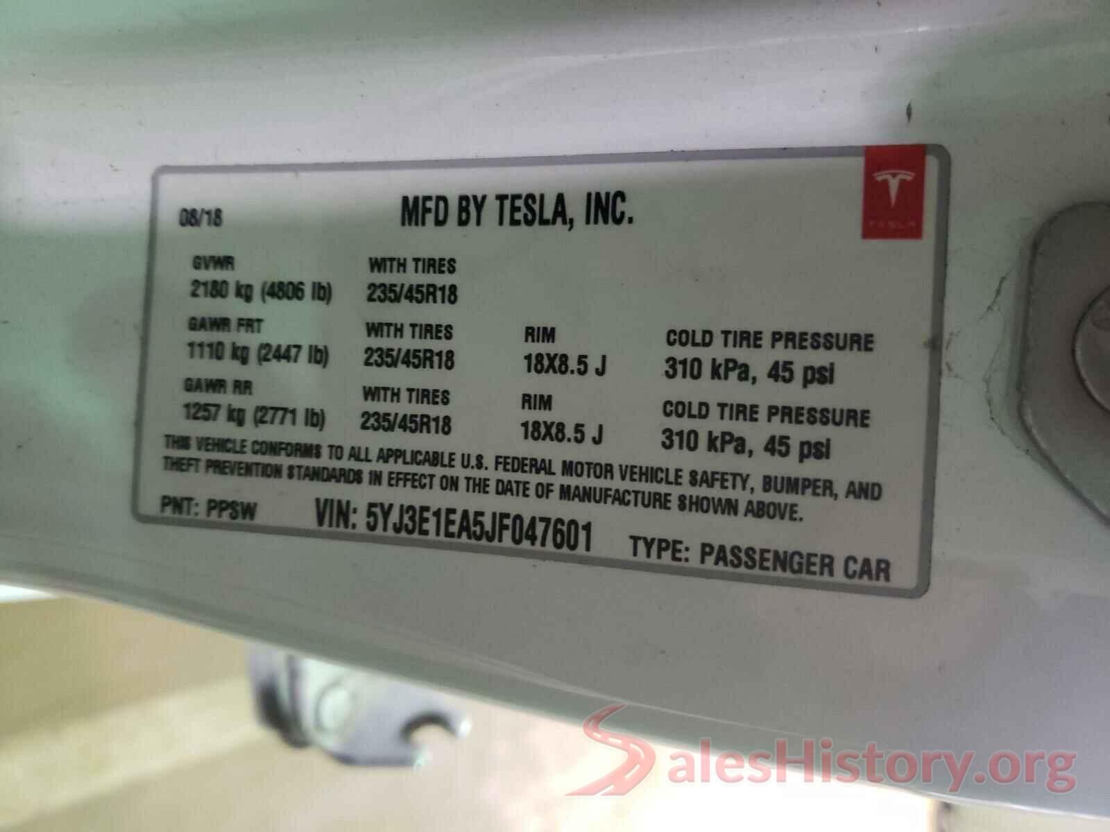 5YJ3E1EA5JF047601 2018 TESLA MODEL 3