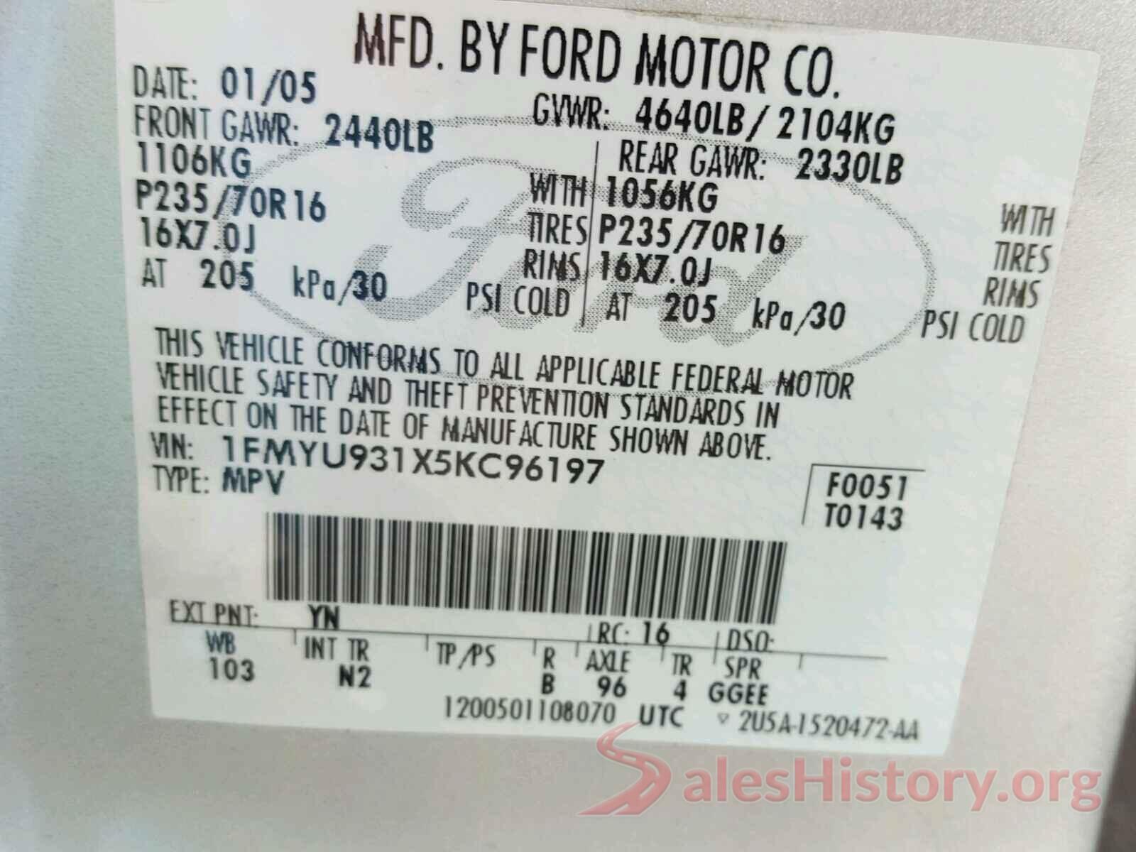 3VW4T7AU6GM062722 2005 FORD ESCAPE