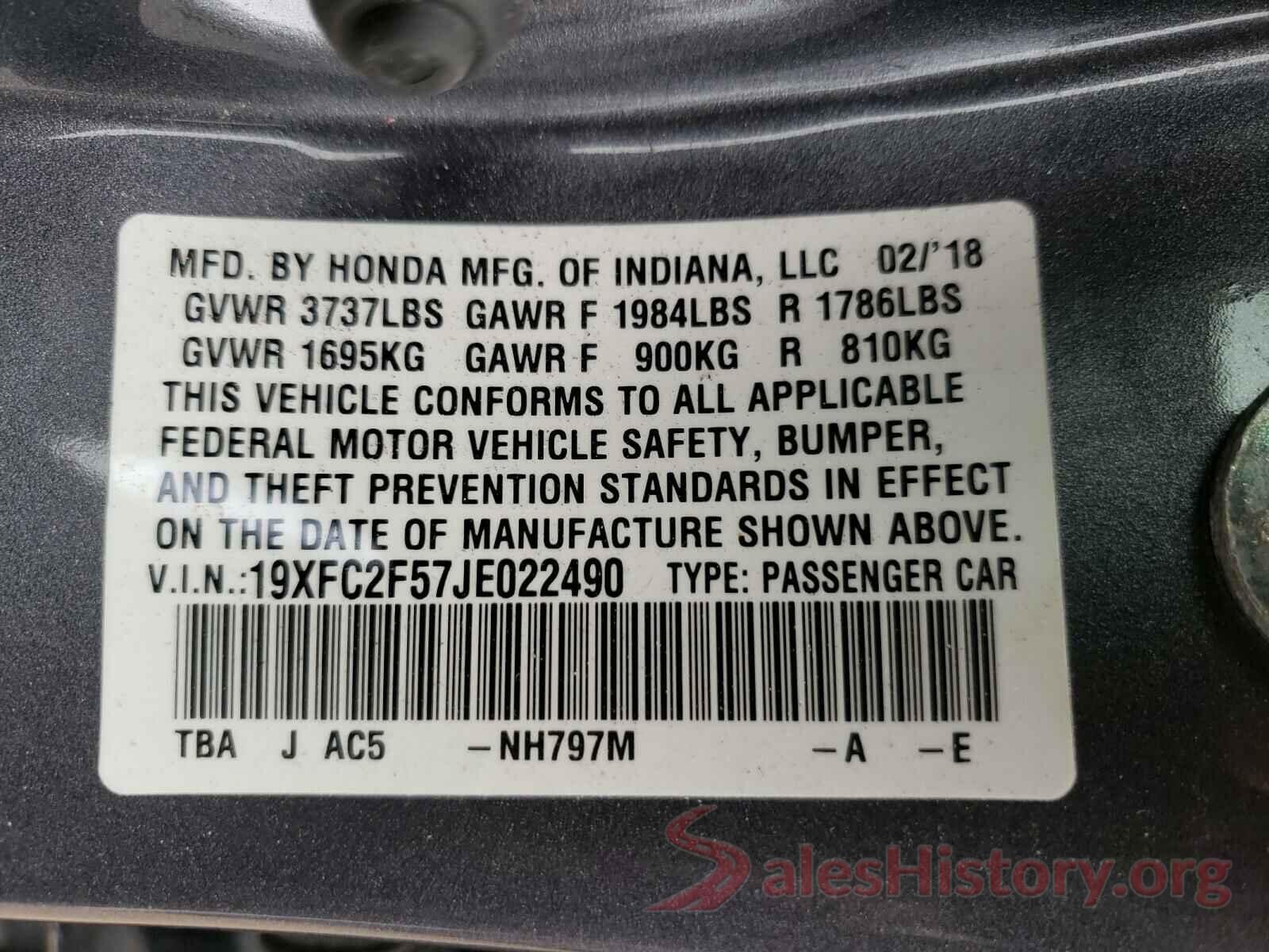 19XFC2F57JE022490 2018 HONDA CIVIC