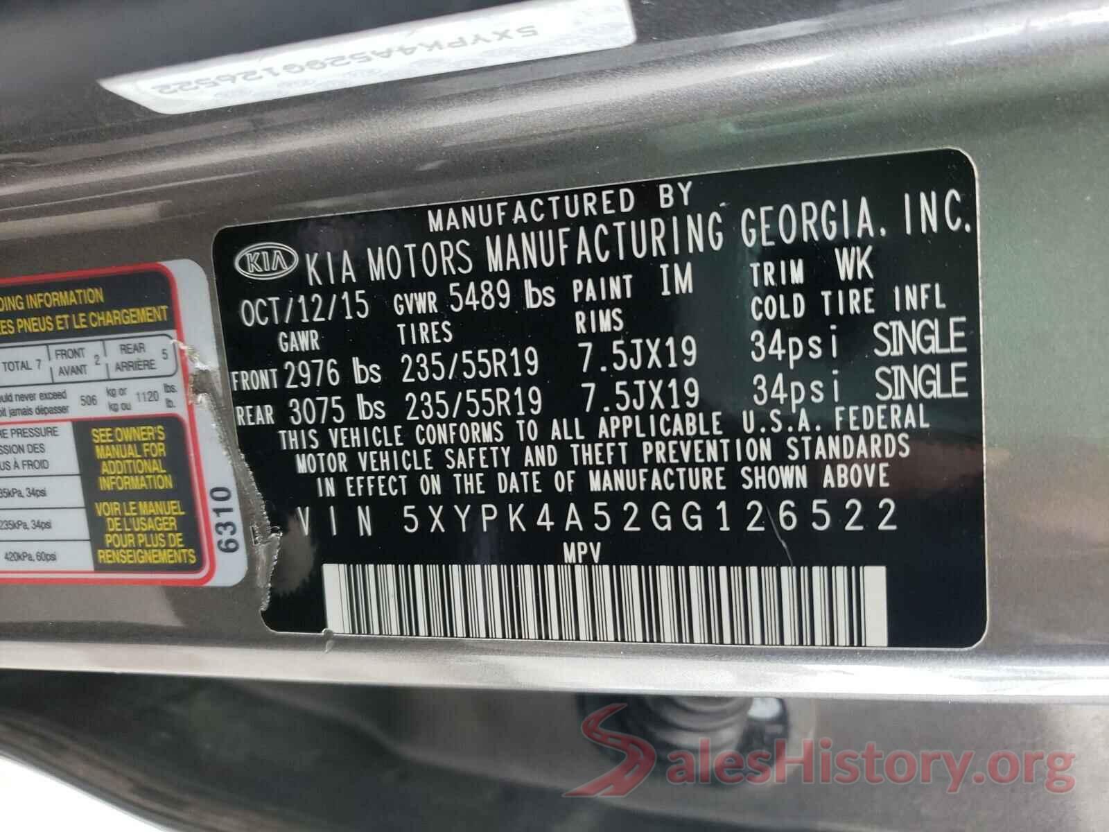 5XYPK4A52GG126522 2016 KIA SORENTO