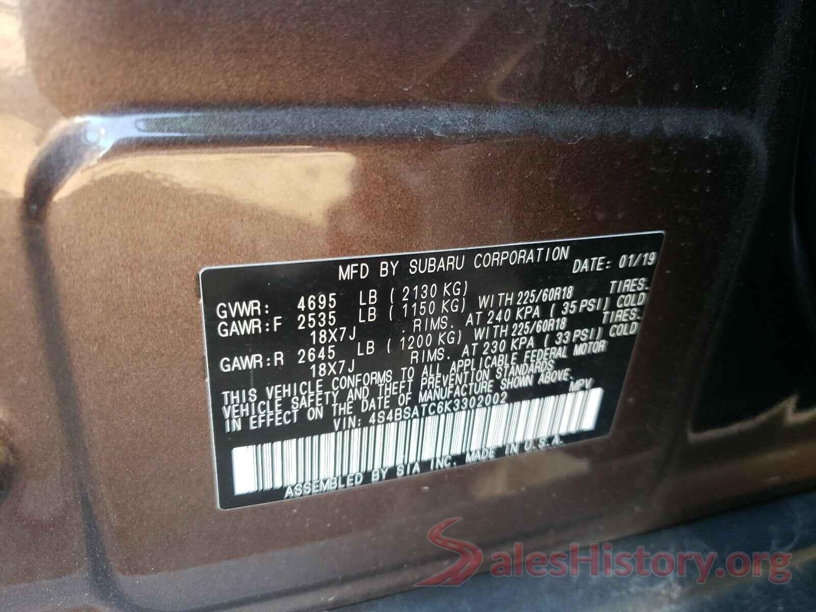 4S4BSATC6K3302002 2019 SUBARU OUTBACK