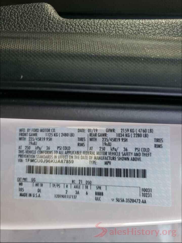 1FMCU0J96KUA87859 2019 FORD ESCAPE