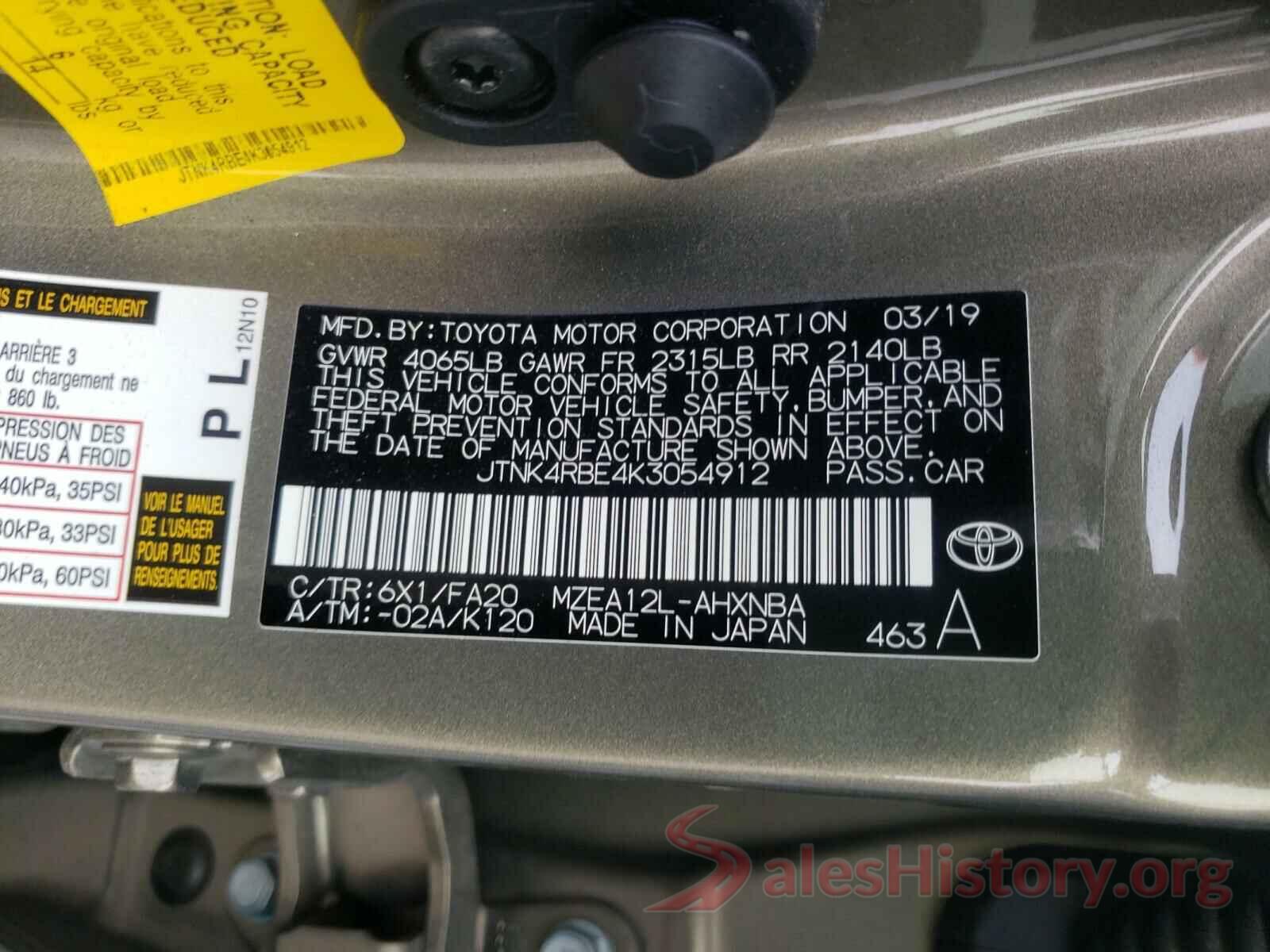 JTNK4RBE4K3054912 2019 TOYOTA COROLLA