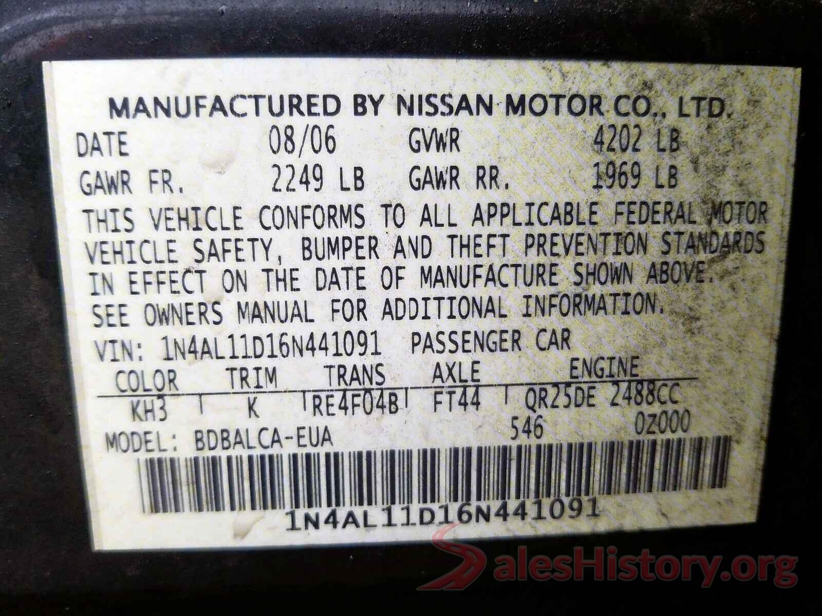 5TDJKRFHXGS270750 2006 NISSAN ALTIMA