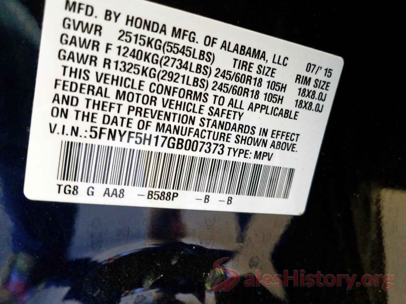 5XYPGDA5XKG499186 2016 HONDA PILOT