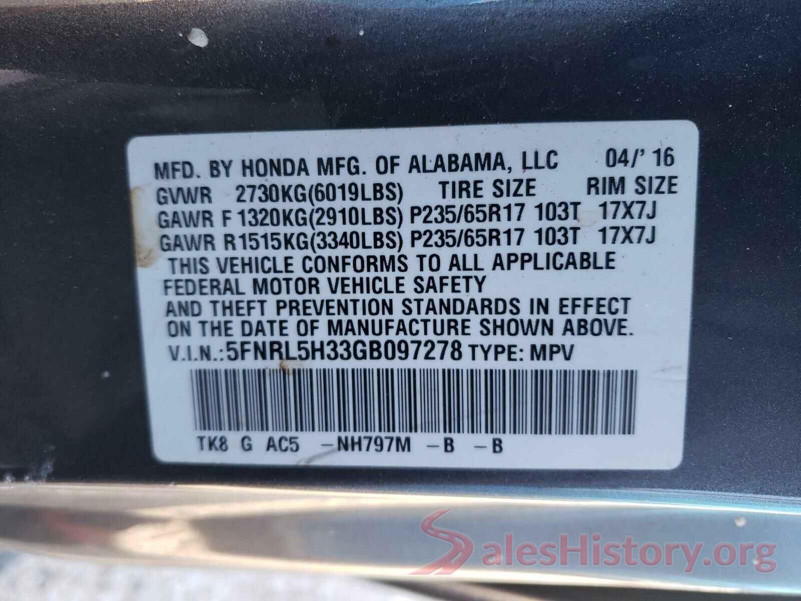 JTEBU5JR7H5438953 2016 HONDA ODYSSEY