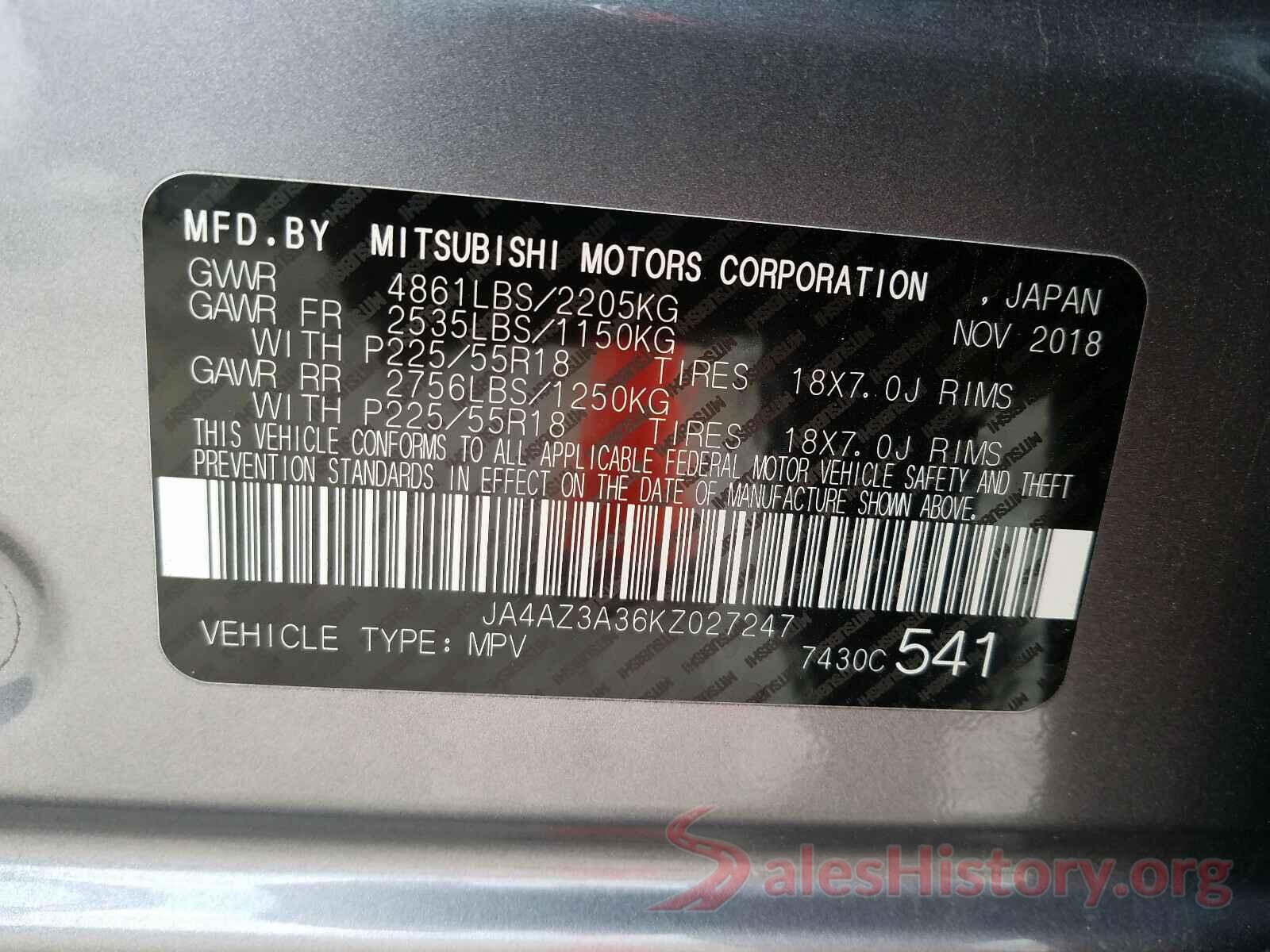 JA4AZ3A36KZ027247 2019 MITSUBISHI OUTLANDER