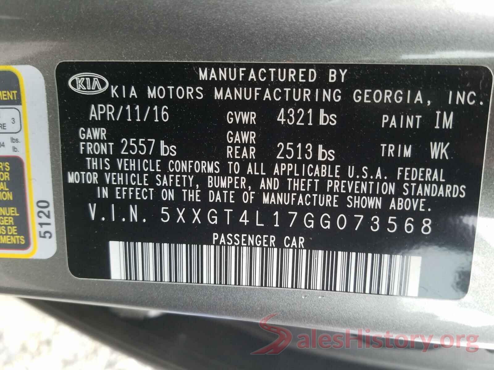 5XXGT4L17GG073568 2016 KIA OPTIMA