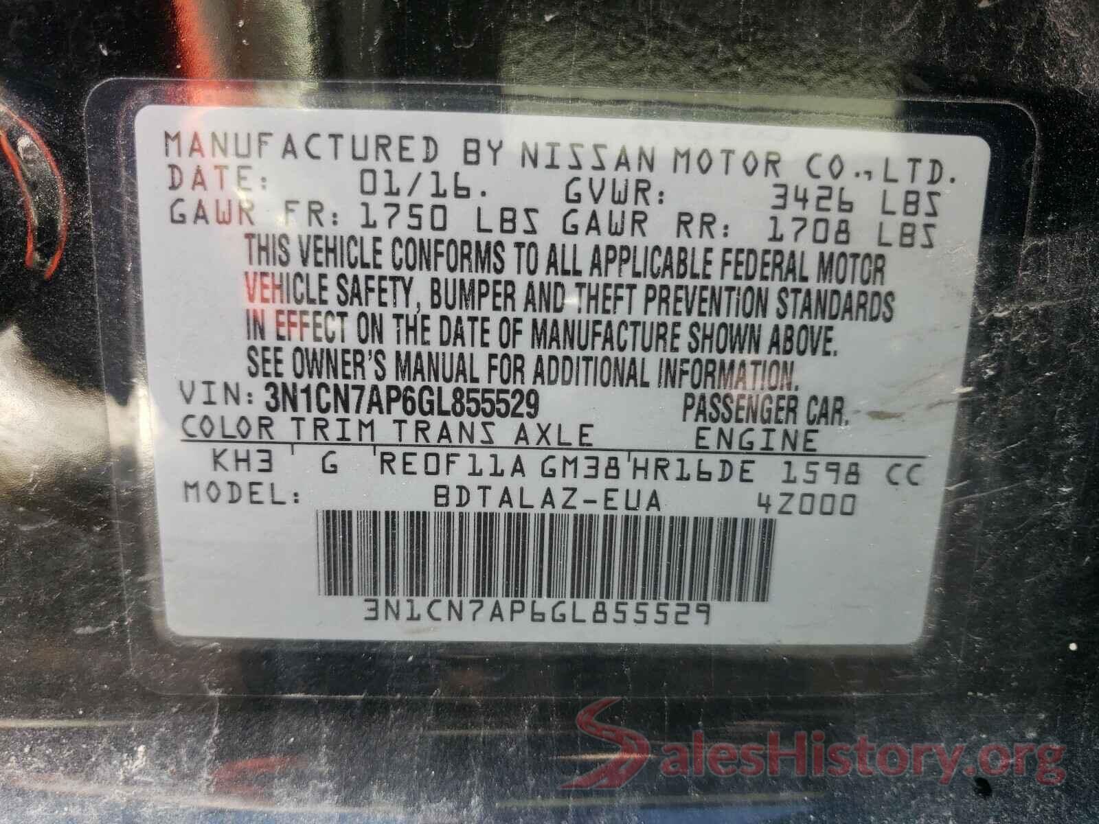 3N1CN7AP6GL855529 2016 NISSAN VERSA